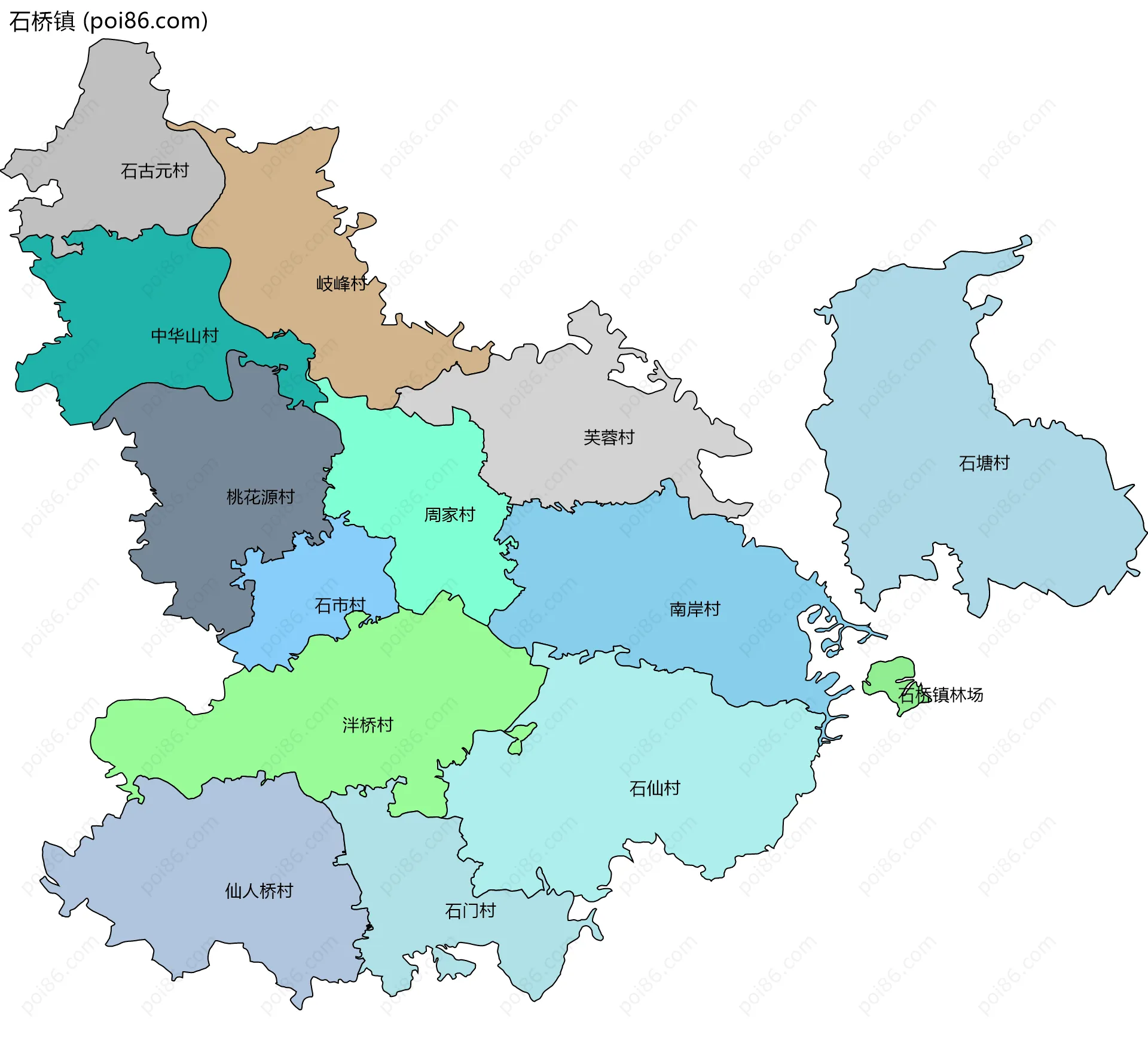 石桥镇边界地图(五级行政区划)