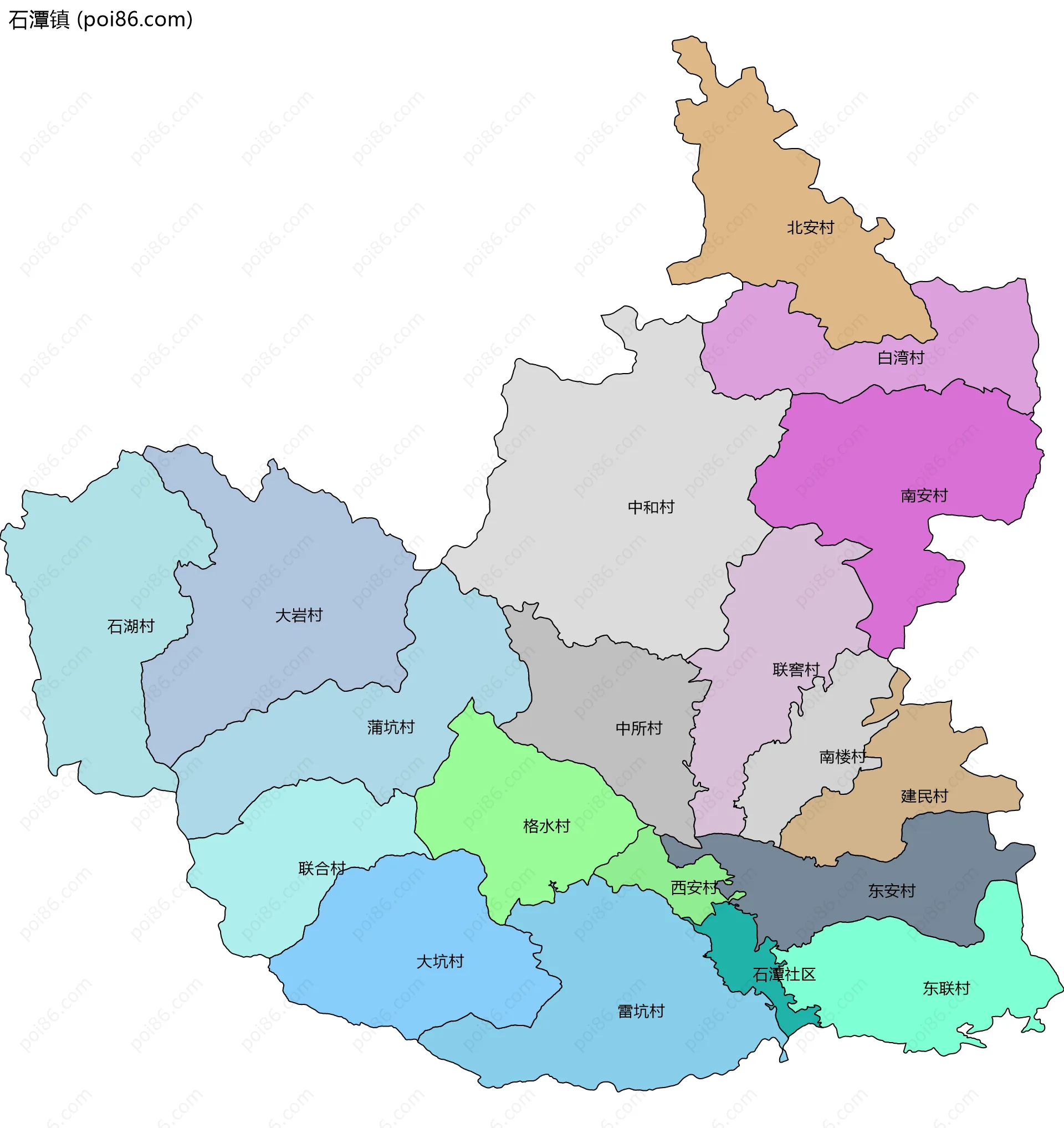 石潭镇边界地图(五级行政区划)