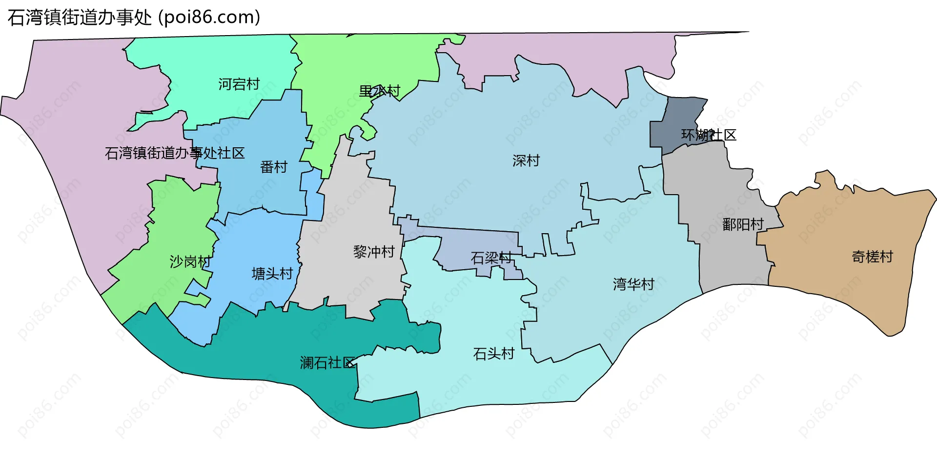 石湾镇街道办事处边界地图(五级行政区划)