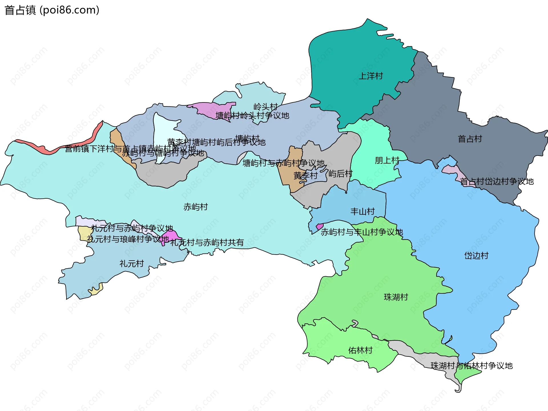 首占镇边界地图(五级行政区划)