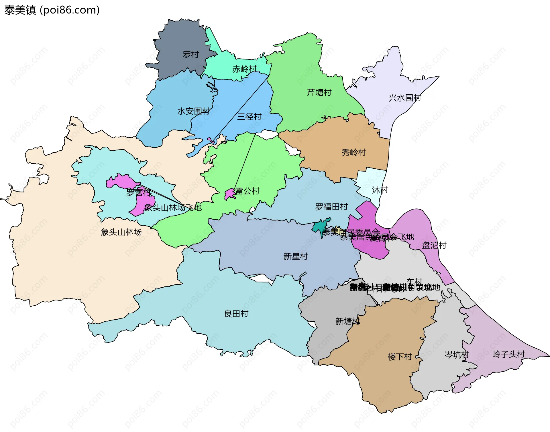泰美镇边界地图(五级行政区划)