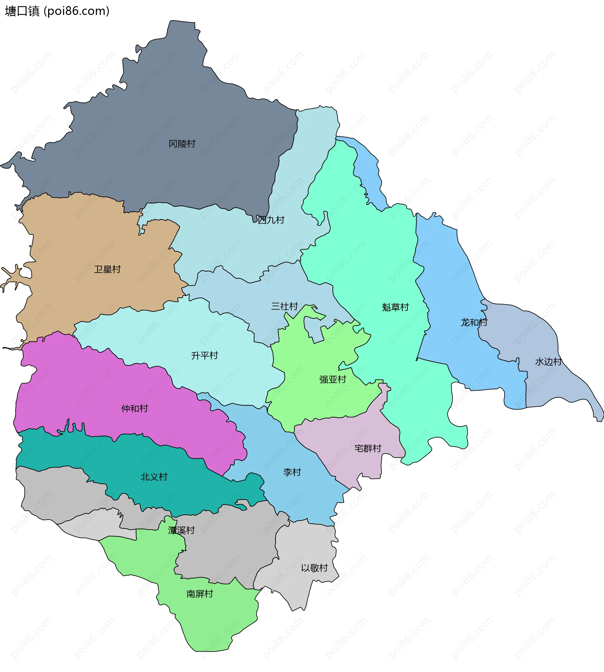 塘口镇边界地图(五级行政区划)