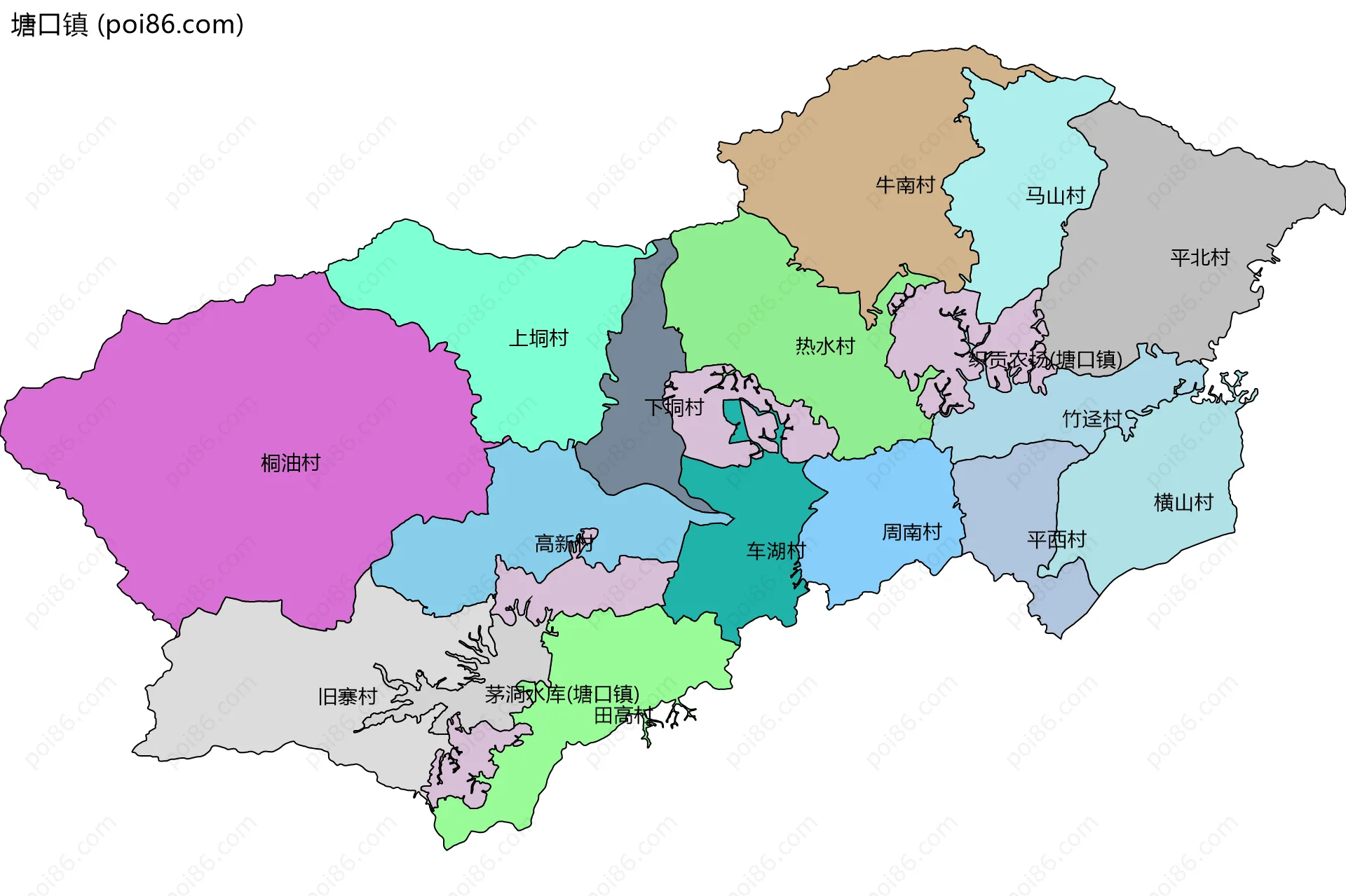 塘口镇边界地图(五级行政区划)