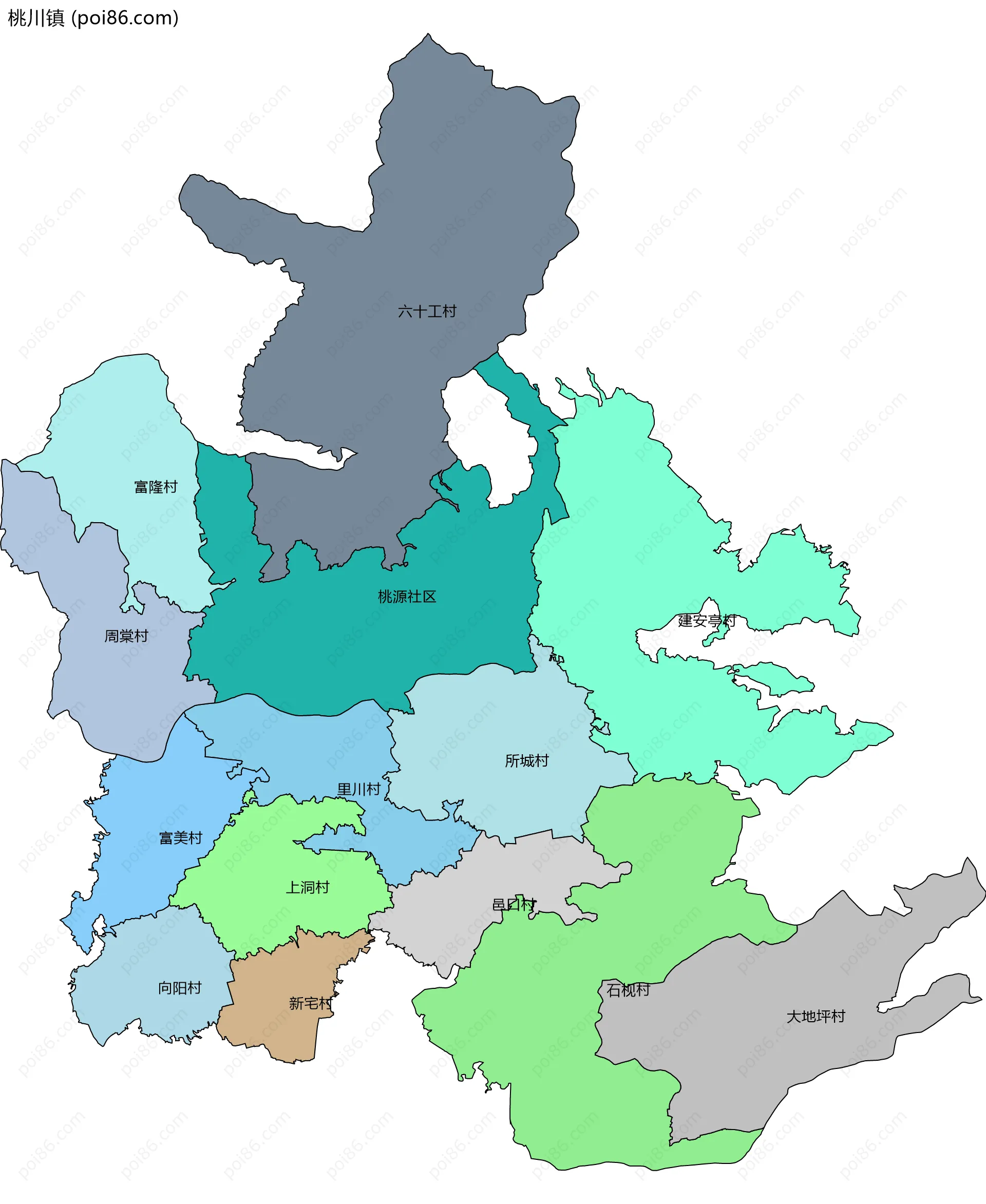 桃川镇边界地图(五级行政区划)