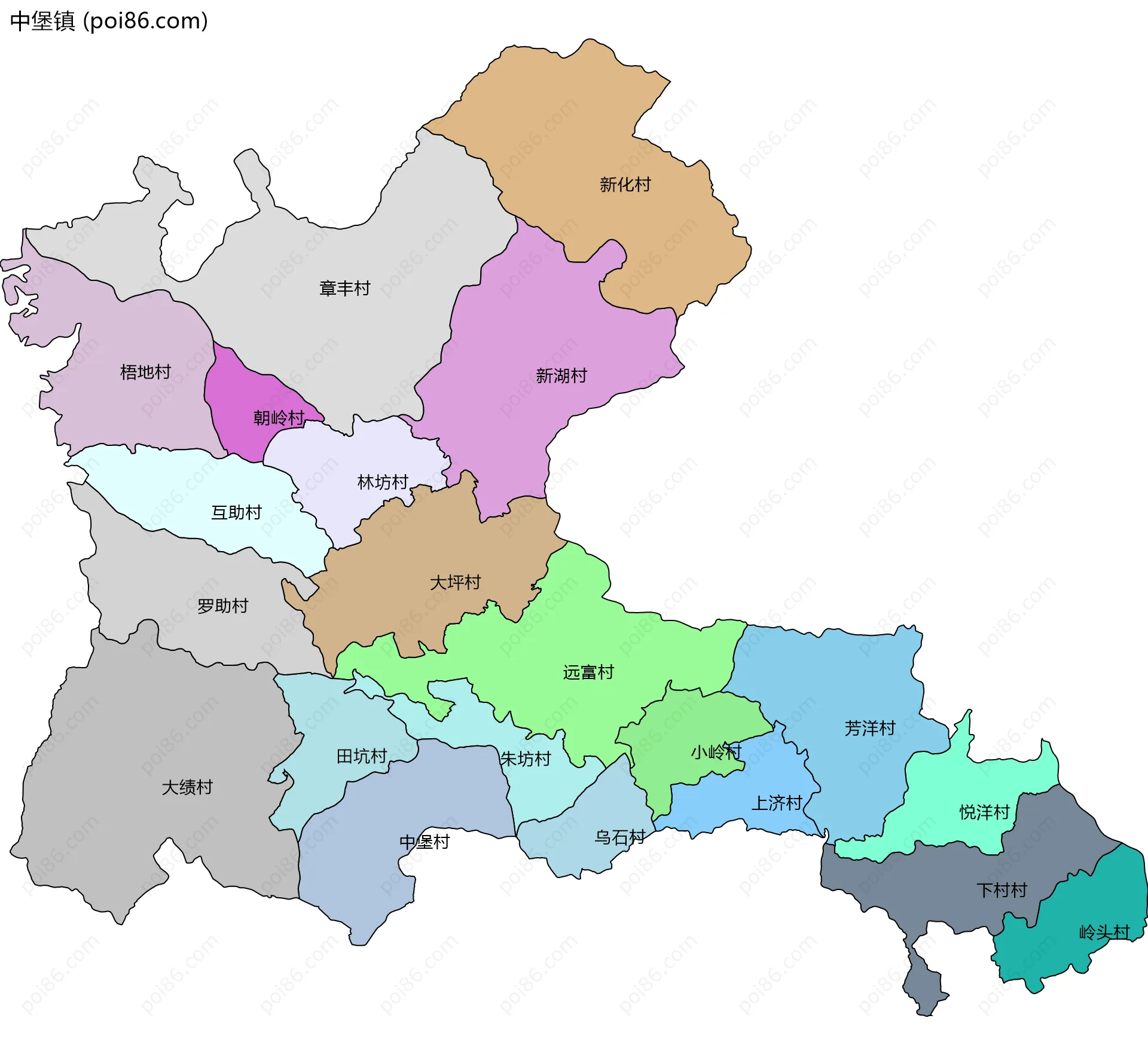 中堡镇边界地图(五级行政区划)