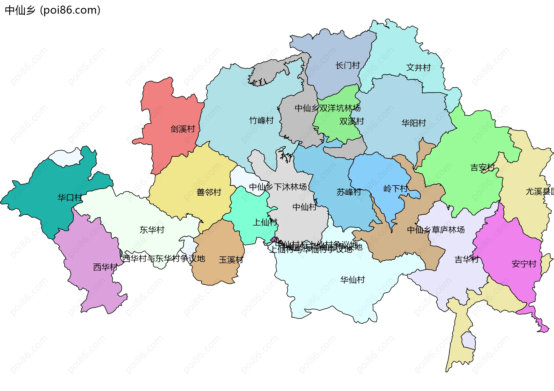 中仙乡边界地图(五级行政区划)