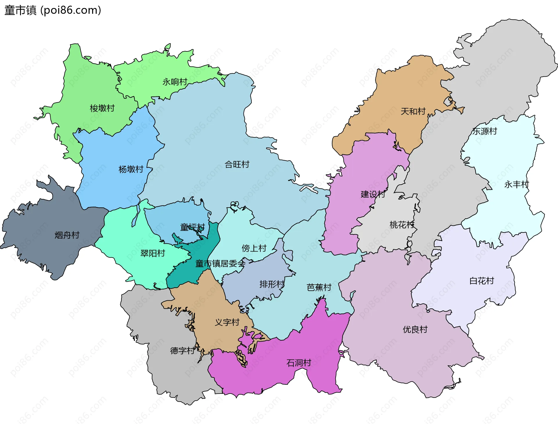 童市镇边界地图(五级行政区划)
