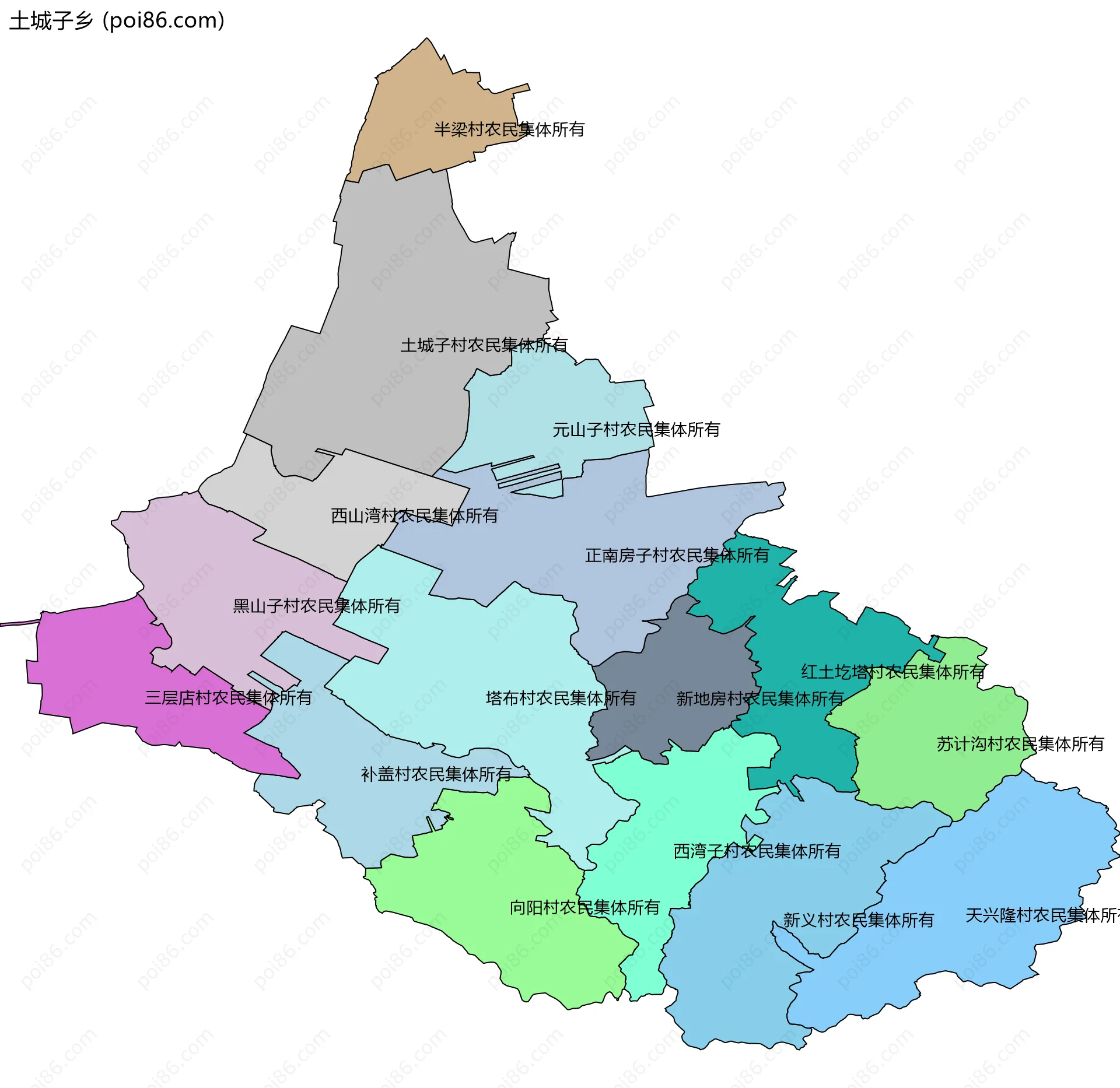 土城子乡边界地图(五级行政区划)