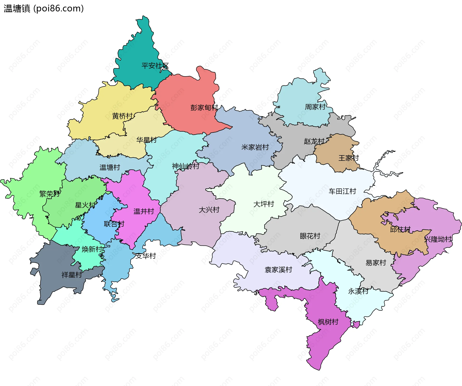 温塘镇边界地图(五级行政区划)