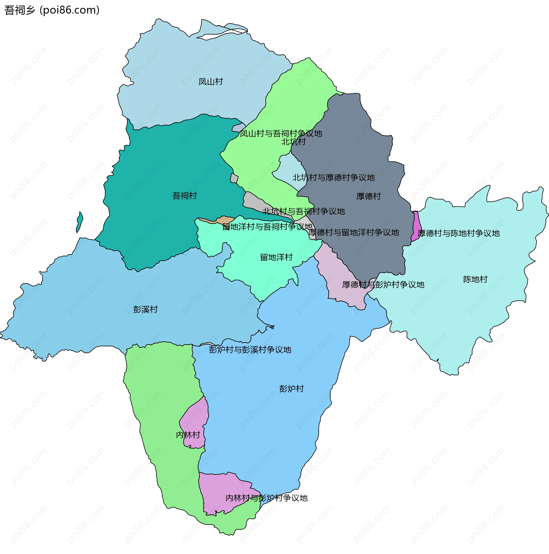 吾祠乡边界地图(五级行政区划)
