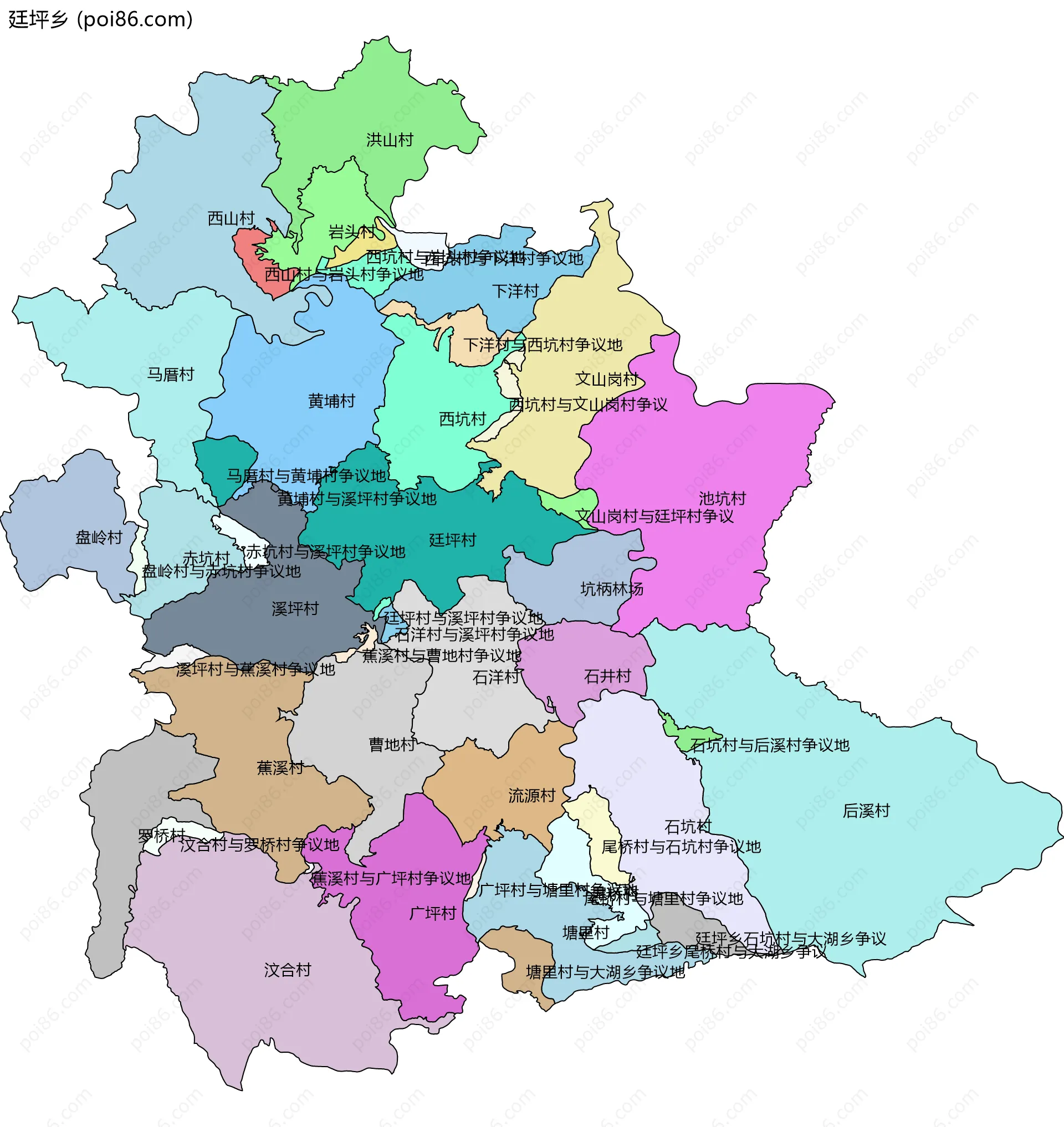 廷坪乡边界地图(五级行政区划)