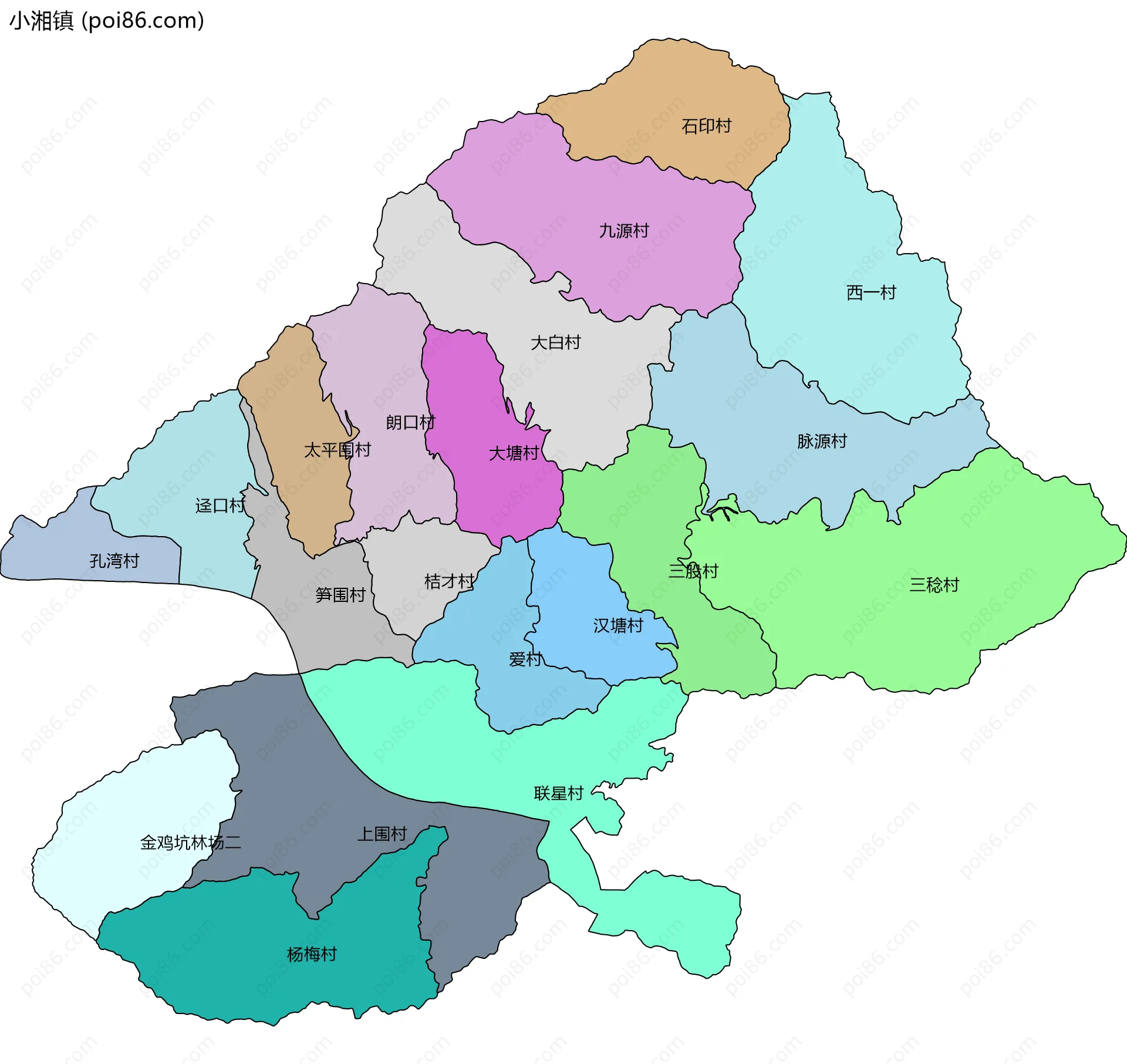 小湘镇边界地图(五级行政区划)