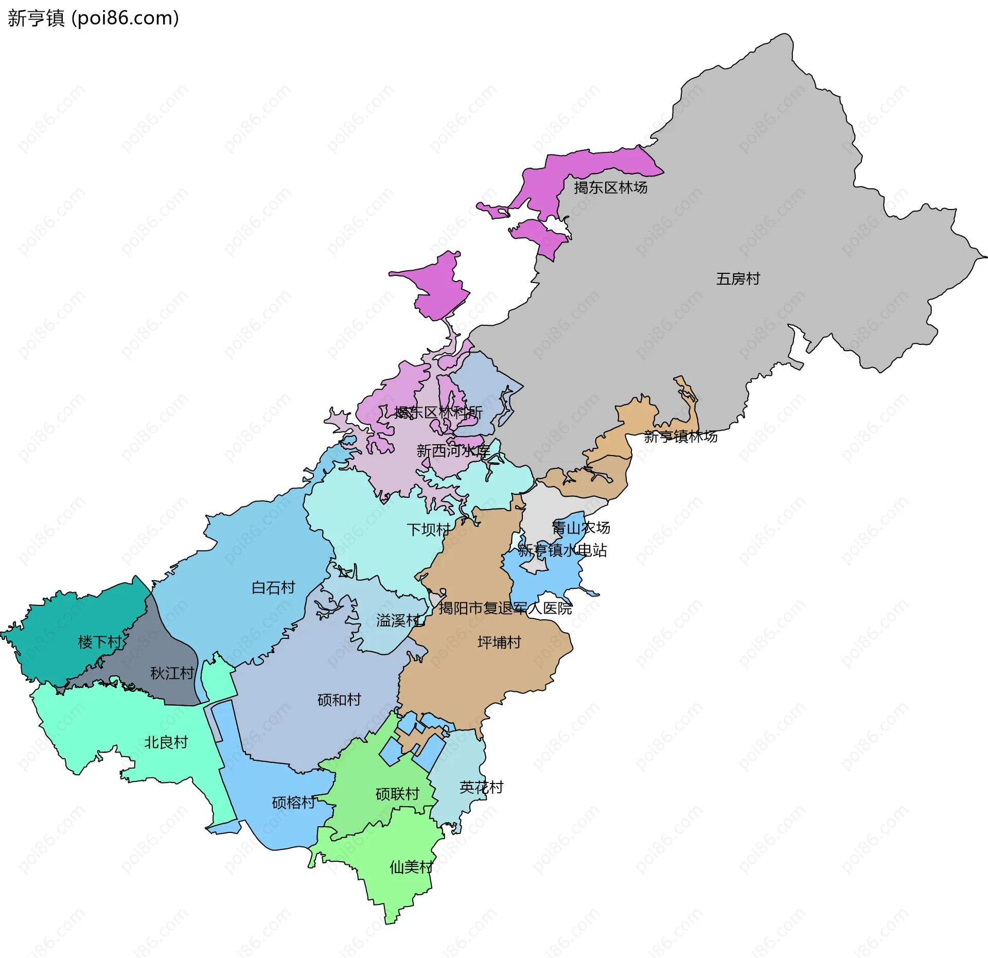 新亨镇边界地图(五级行政区划)