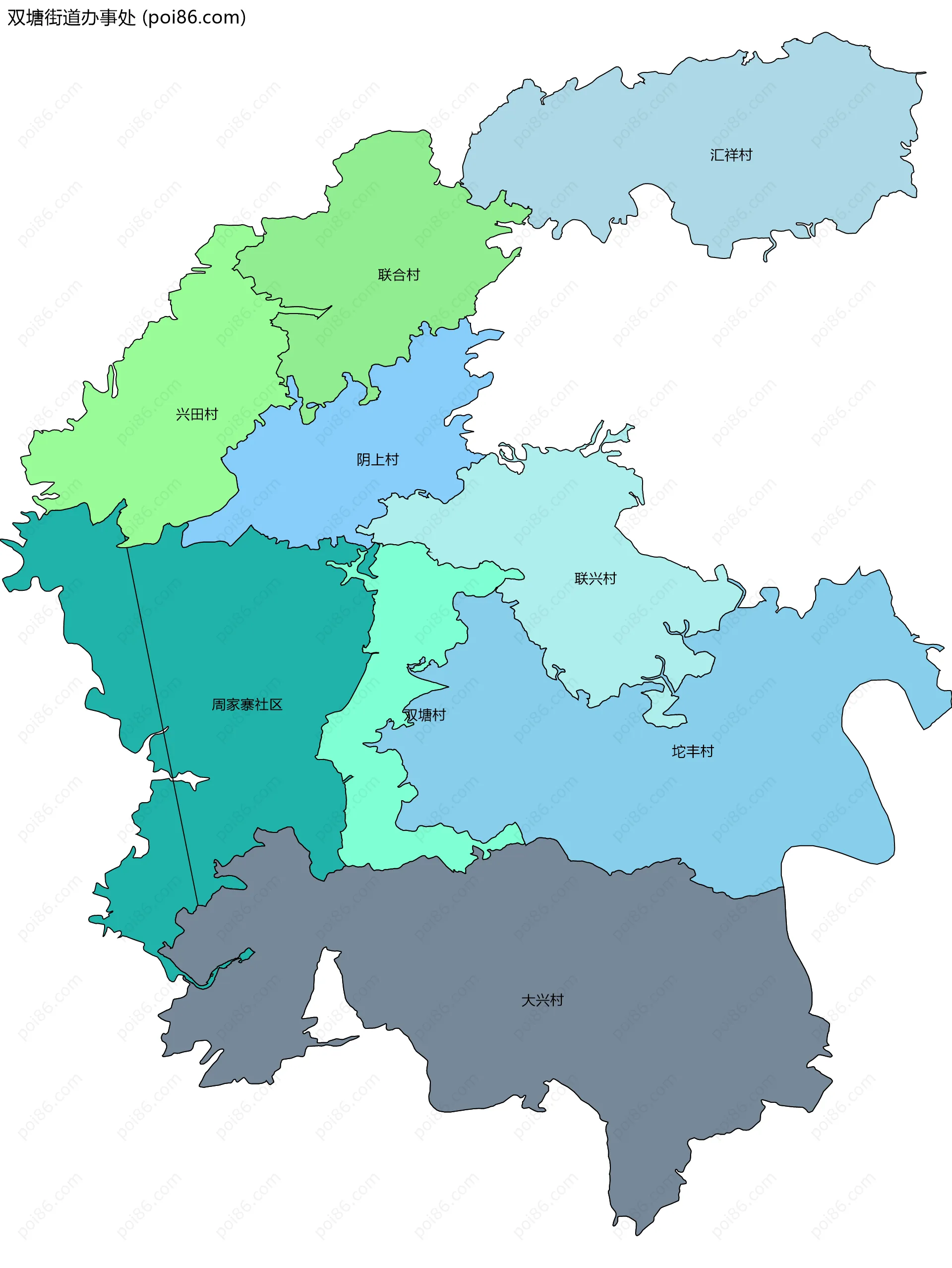 双塘街道办事处边界地图(五级行政区划)