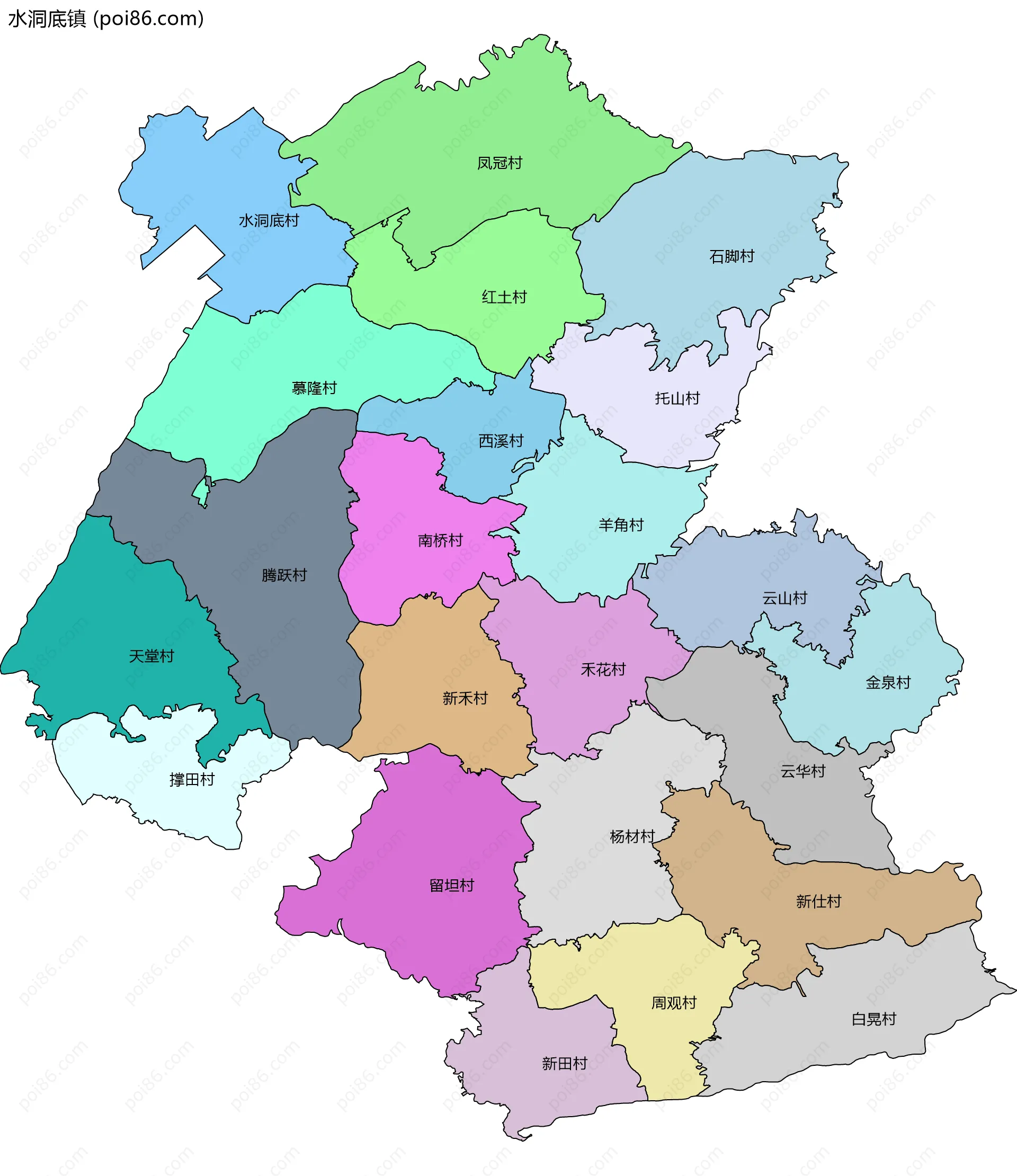 水洞底镇边界地图(五级行政区划)