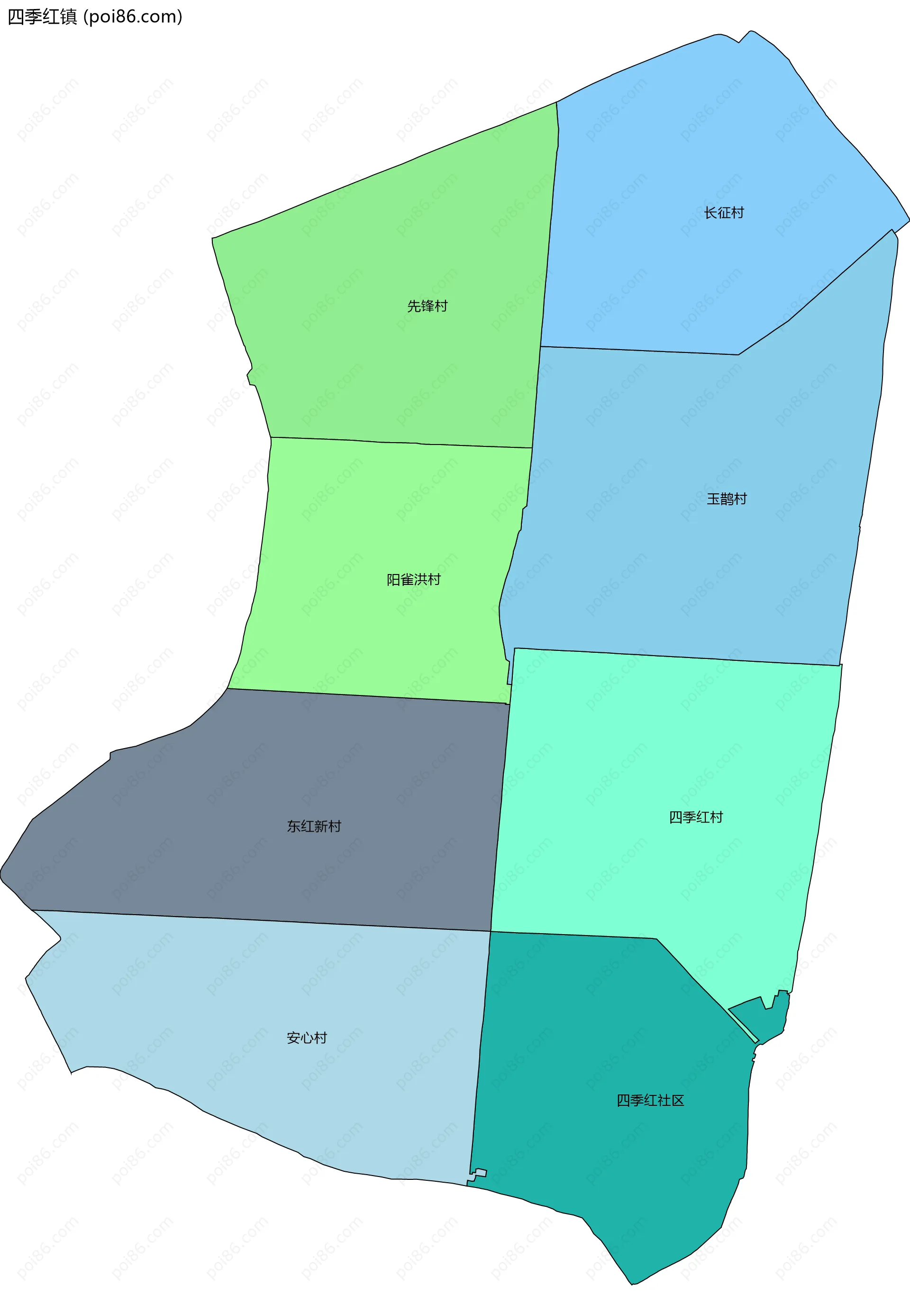 四季红镇边界地图(五级行政区划)