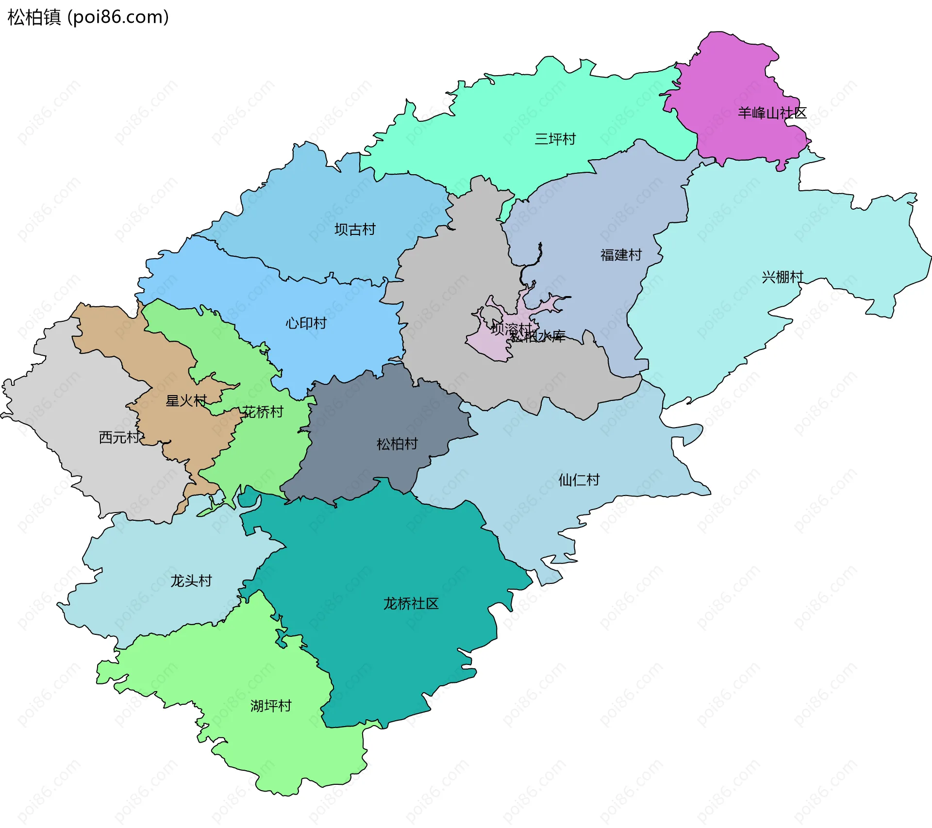 松柏镇边界地图(五级行政区划)