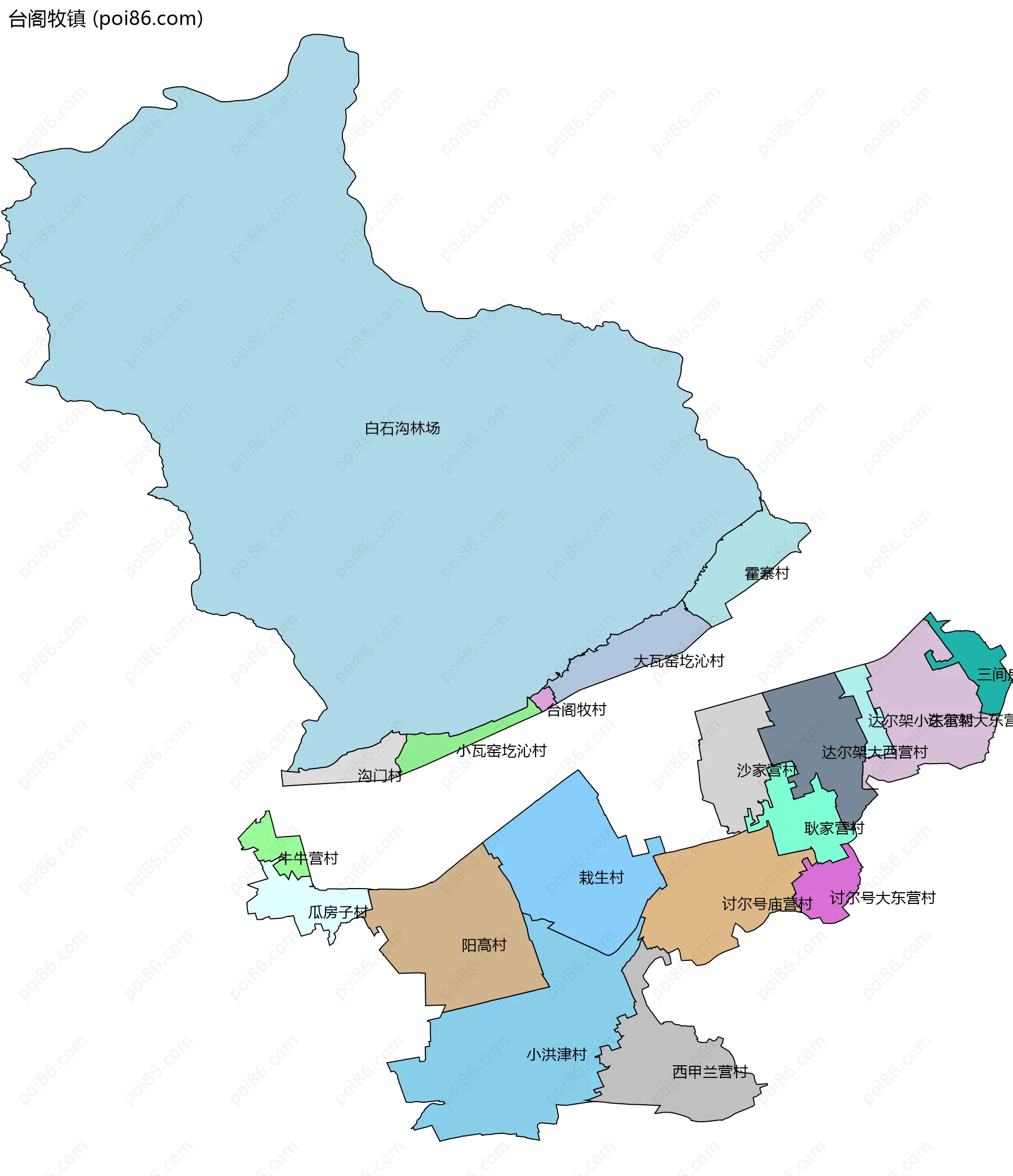 台阁牧镇边界地图(五级行政区划)