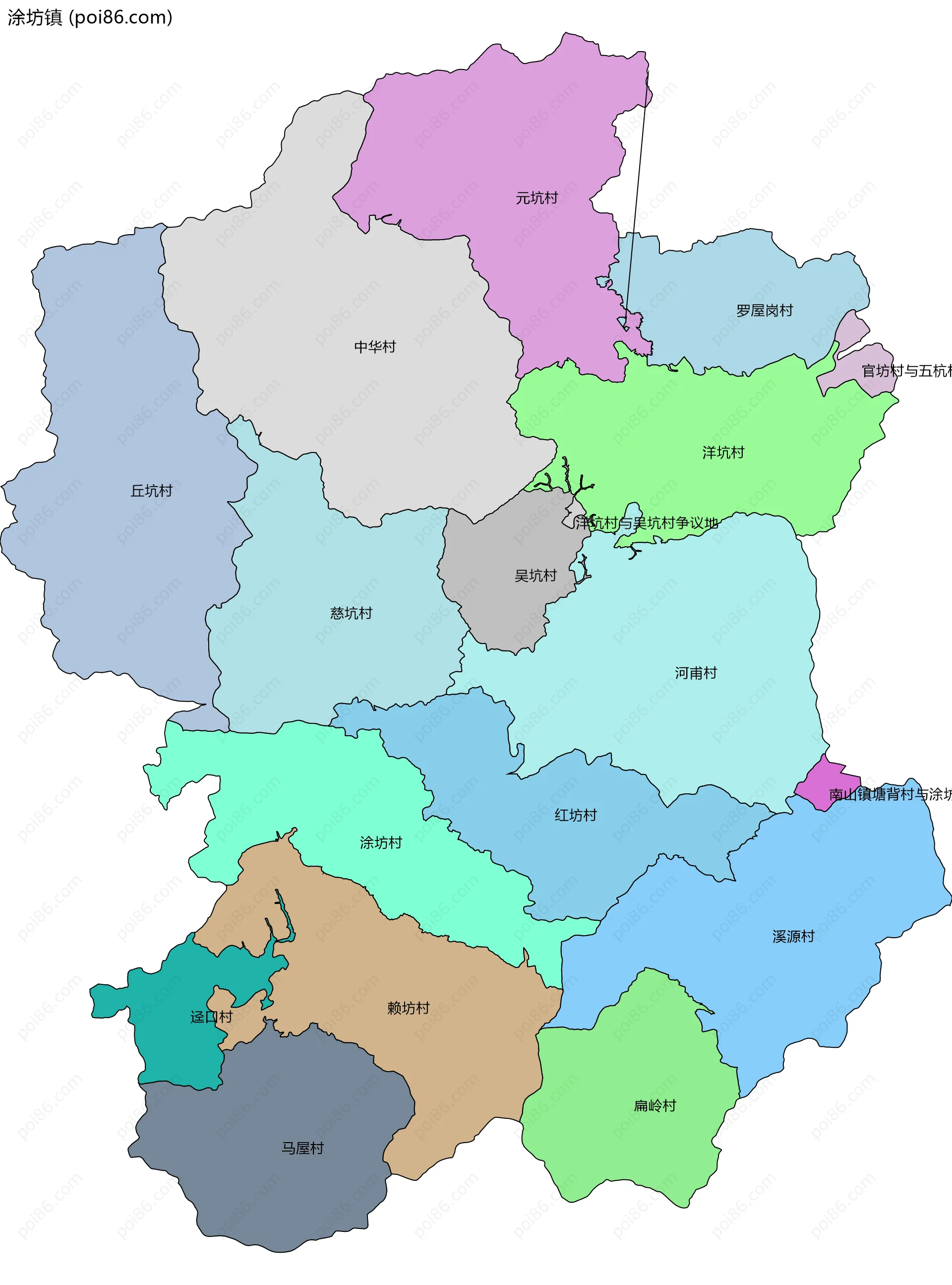 涂坊镇边界地图(五级行政区划)