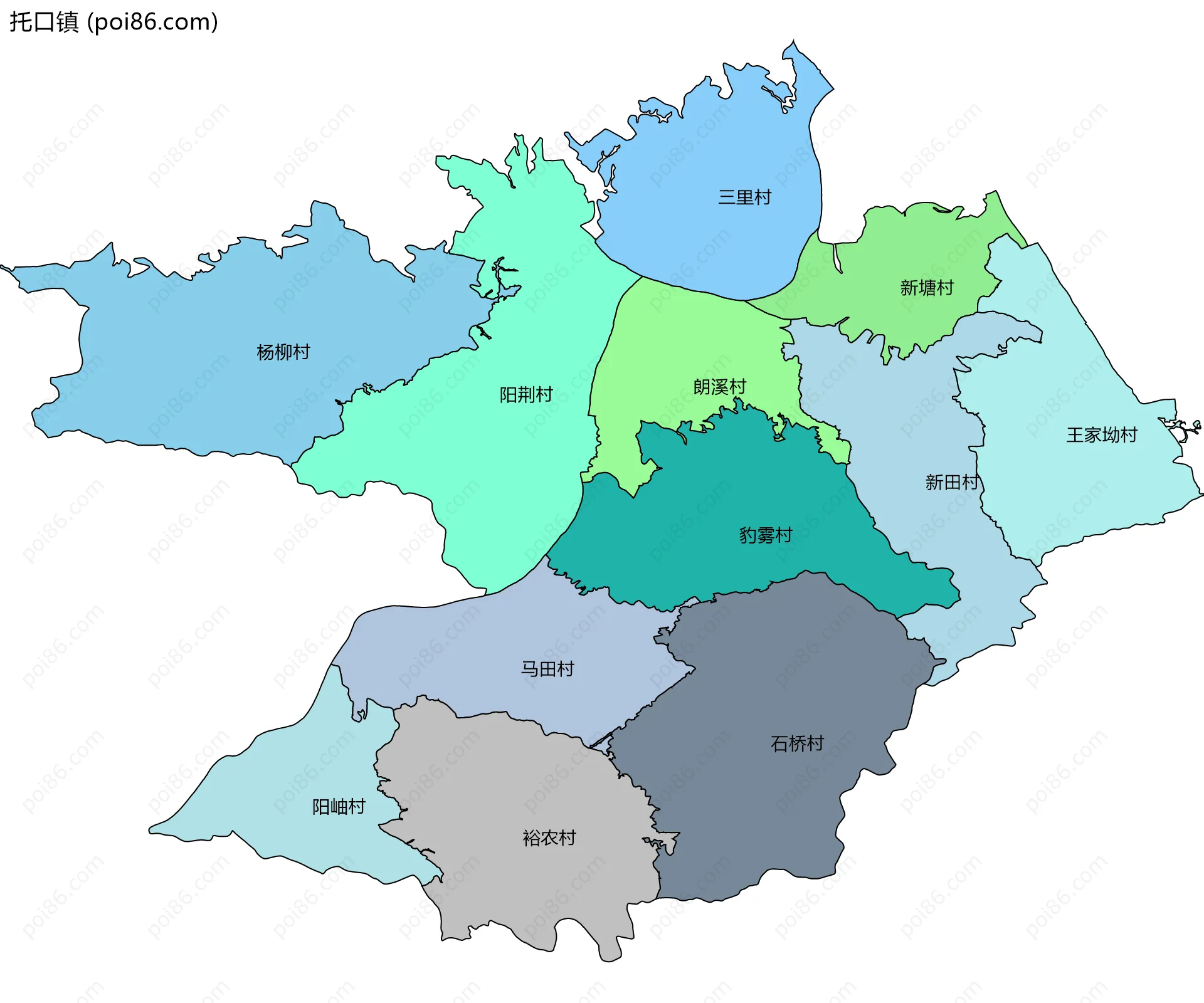 托口镇边界地图(五级行政区划)