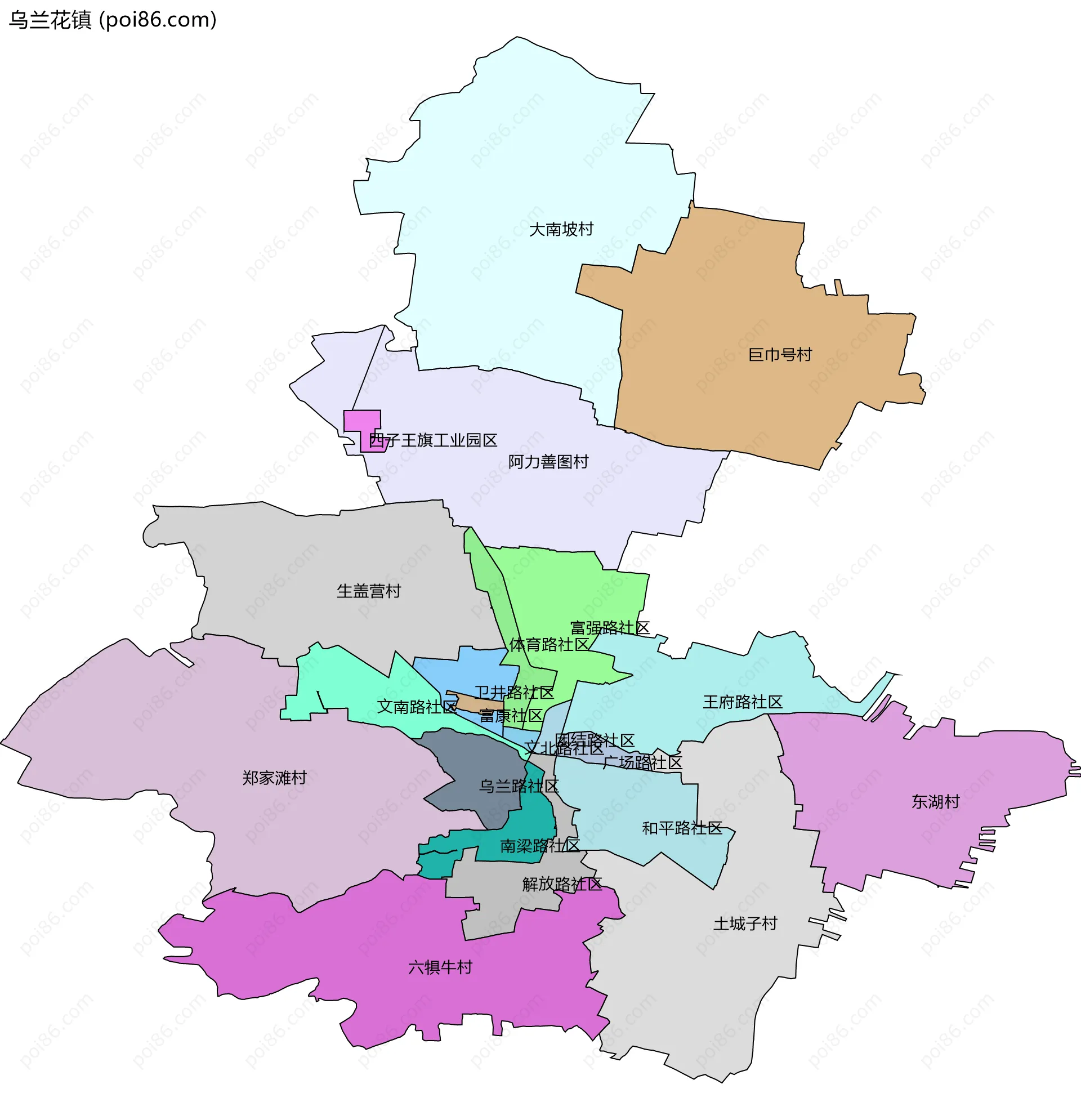 乌兰花镇边界地图(五级行政区划)