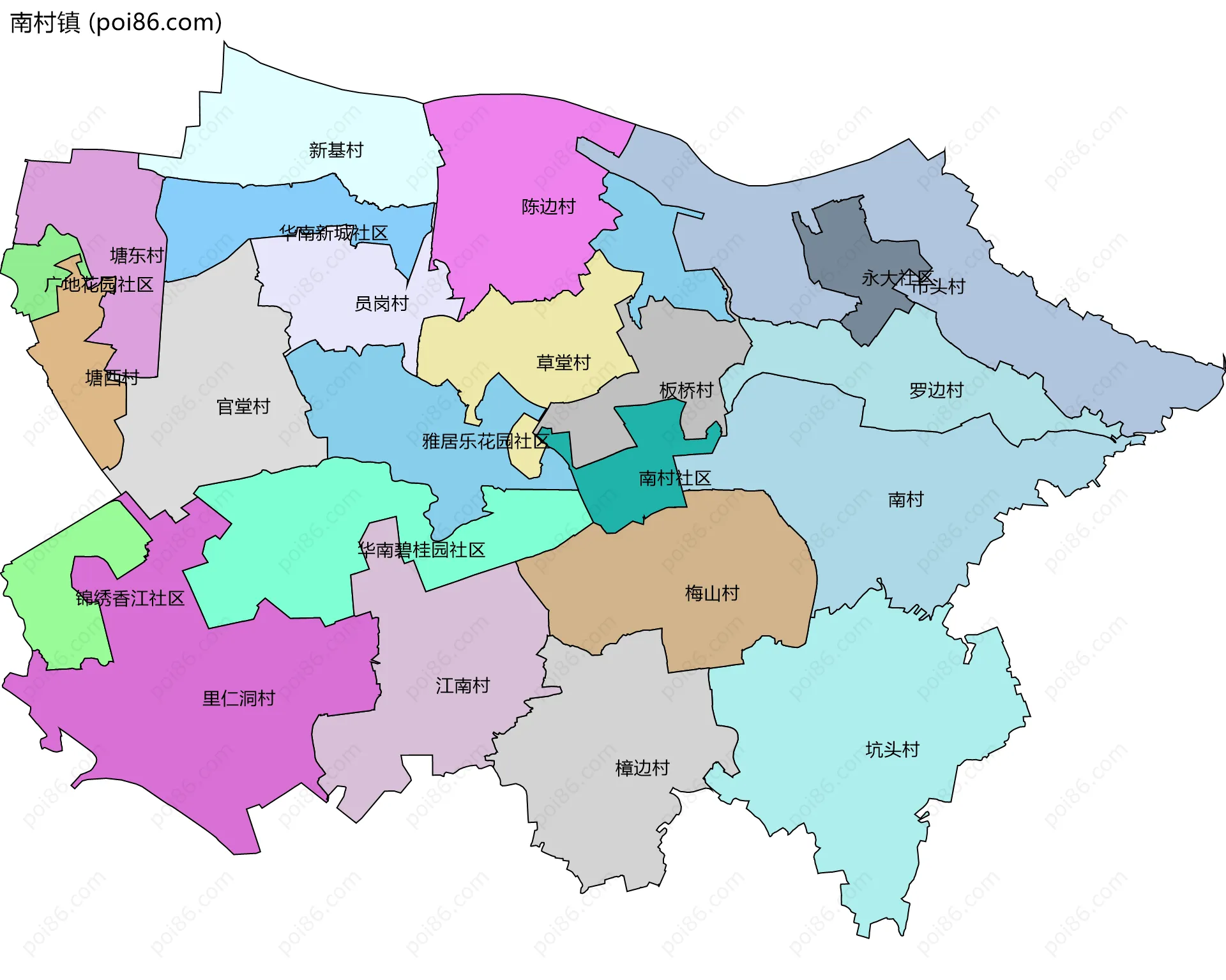 南村镇边界地图(五级行政区划)