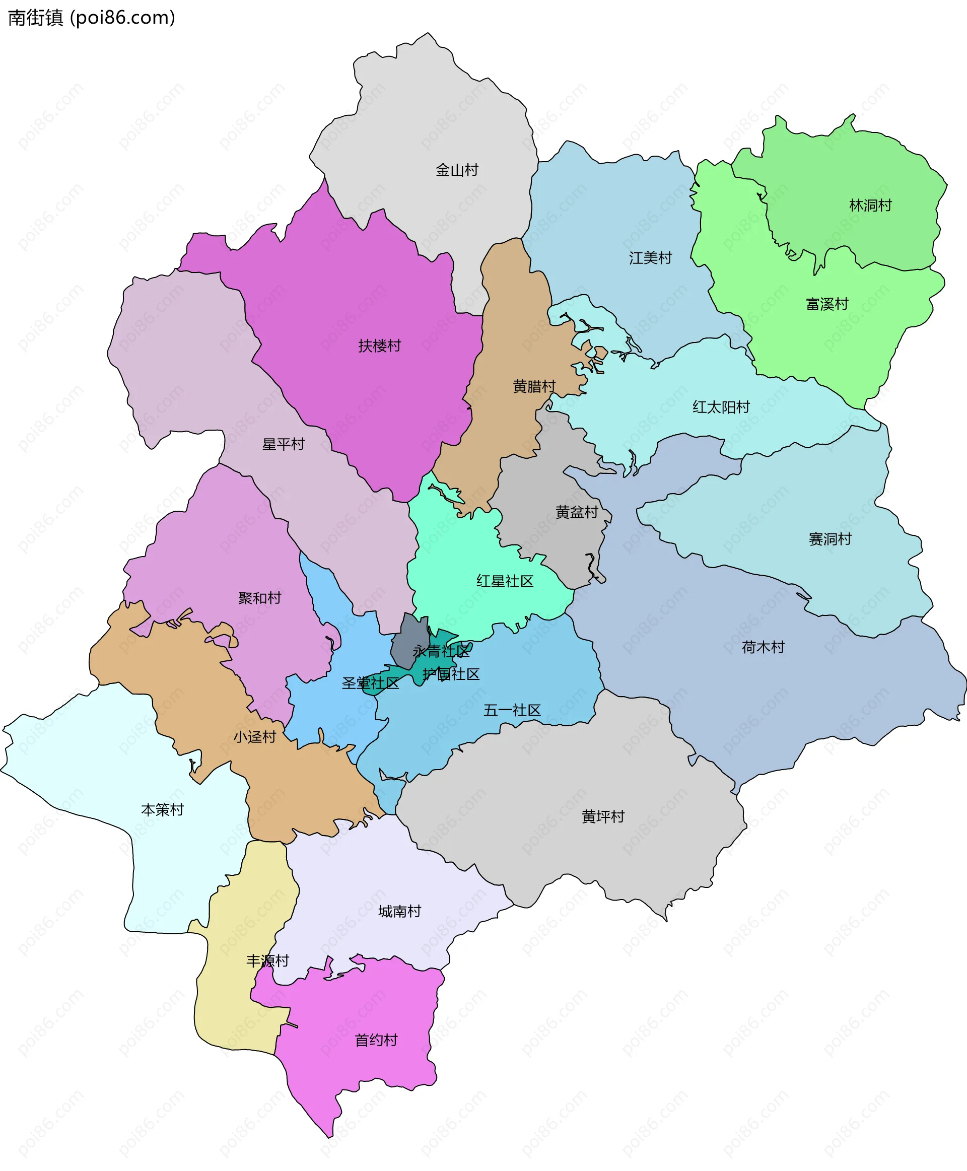 南街镇边界地图(五级行政区划)