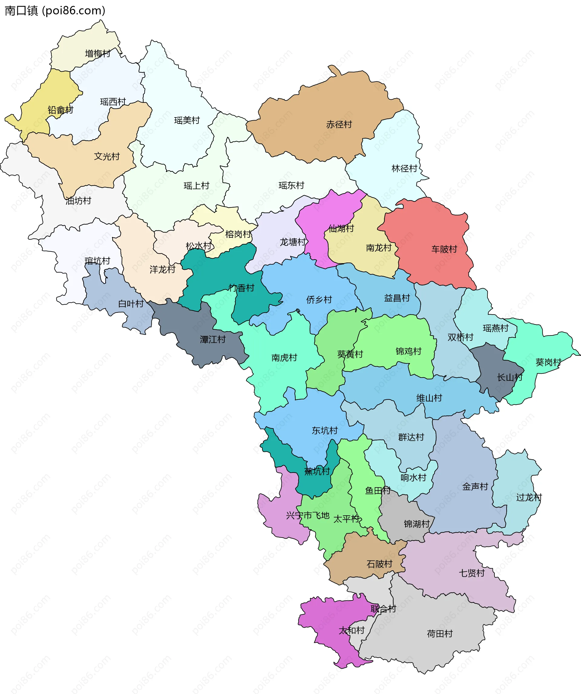 南口镇边界地图(五级行政区划)