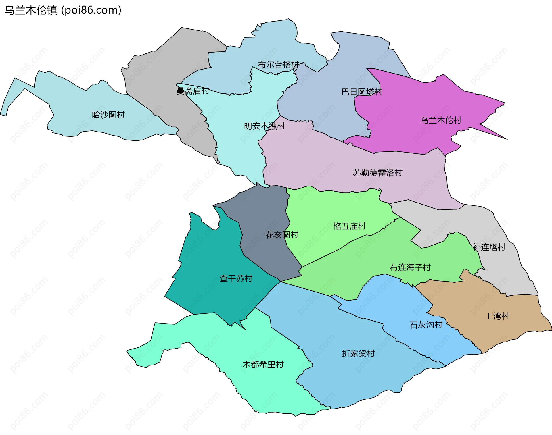 乌兰木伦镇边界地图(五级行政区划)