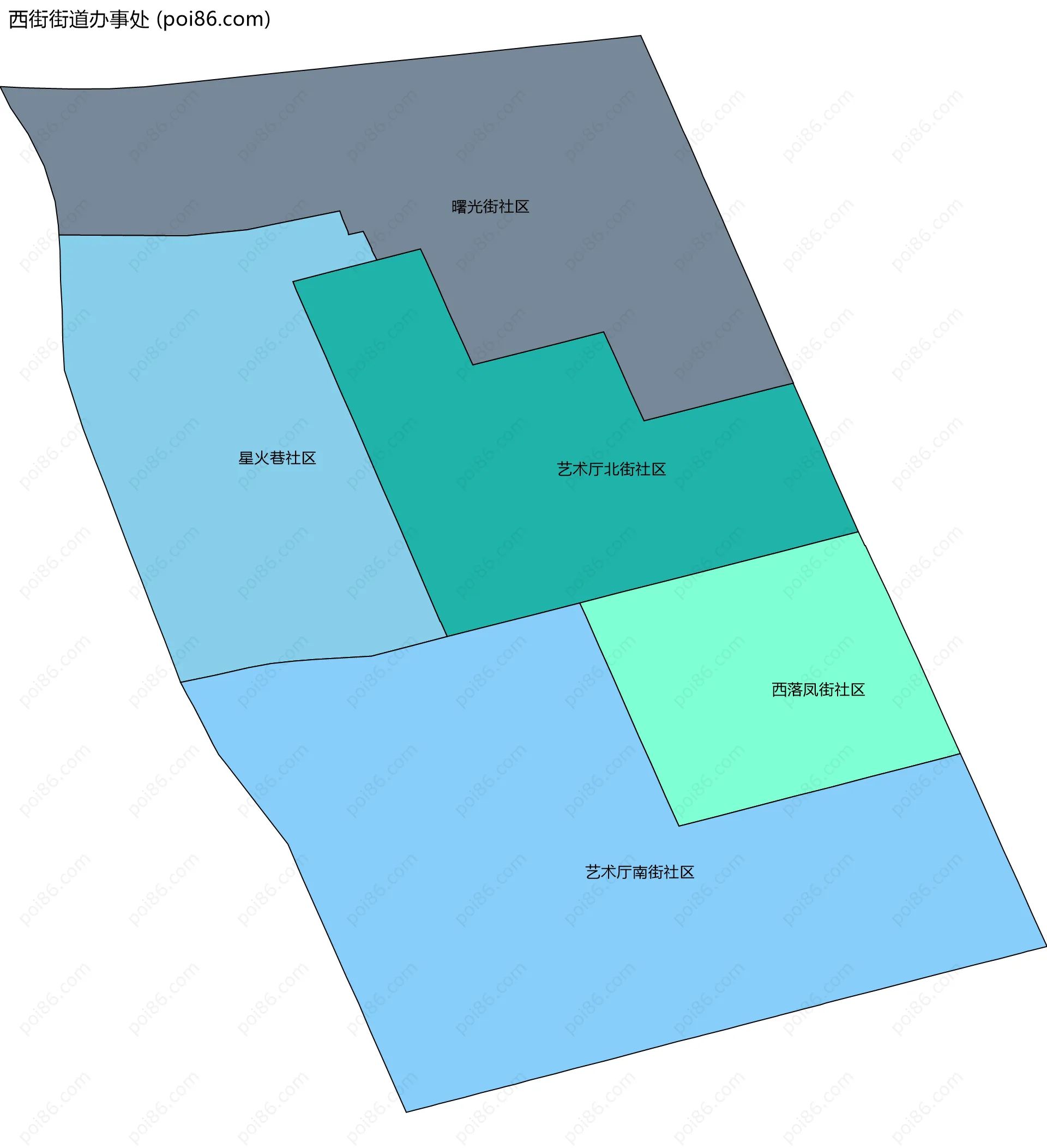 西街街道办事处边界地图(五级行政区划)