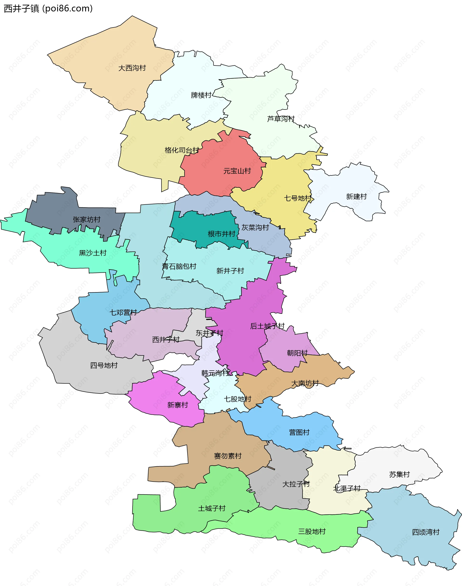 西井子镇边界地图(五级行政区划)