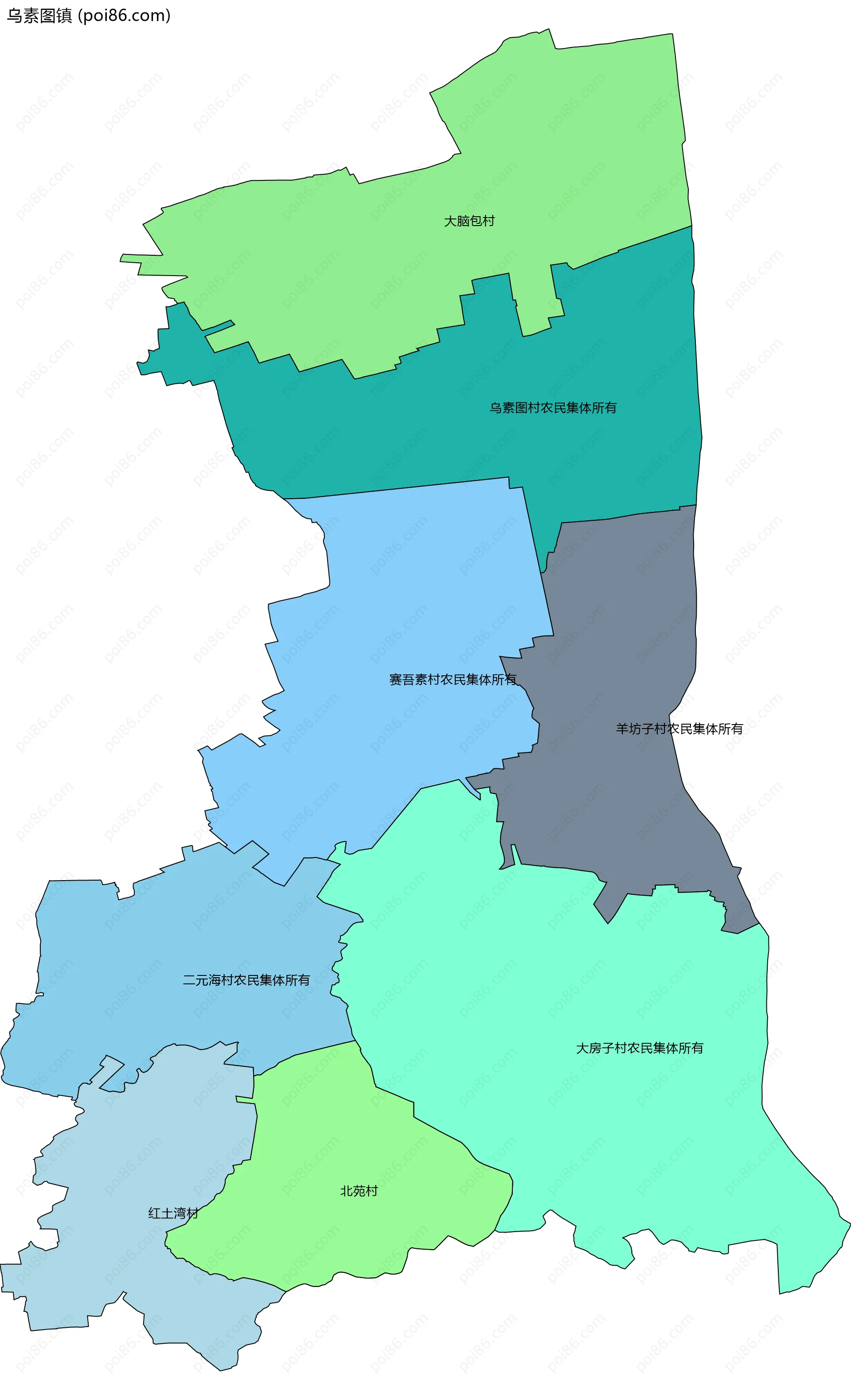 乌素图镇边界地图(五级行政区划)