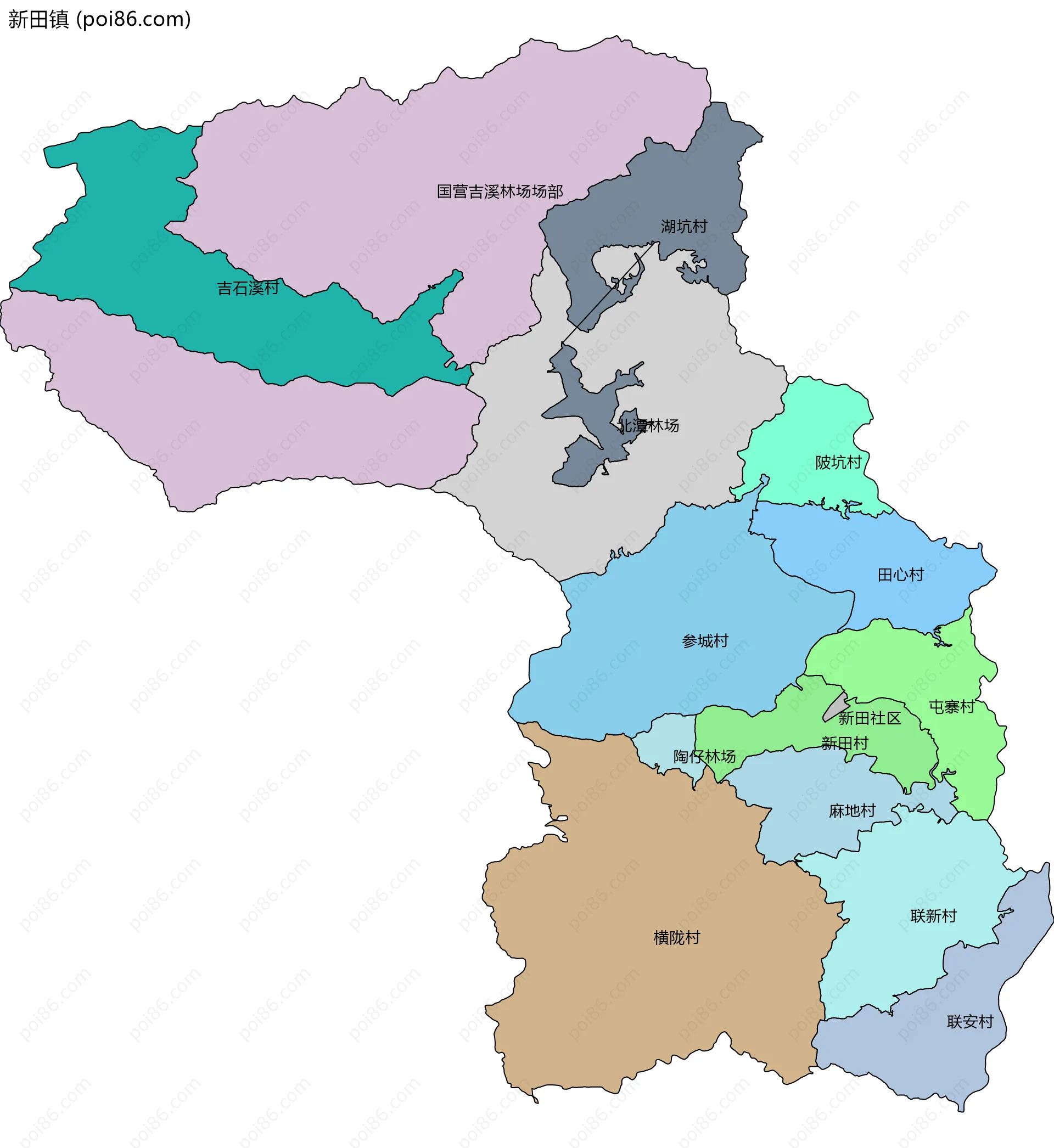 新田镇边界地图(五级行政区划)