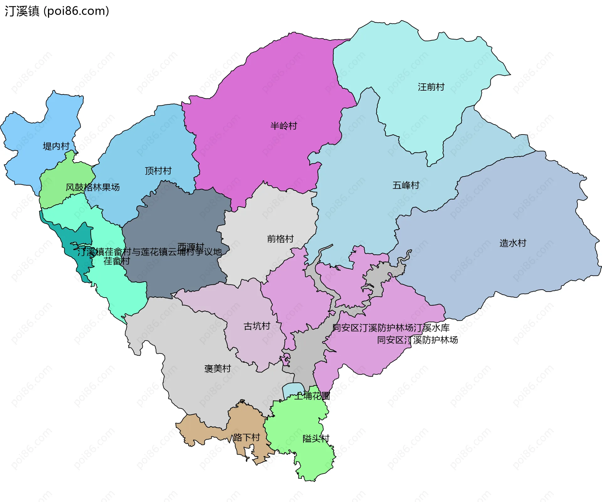 汀溪镇边界地图(五级行政区划)