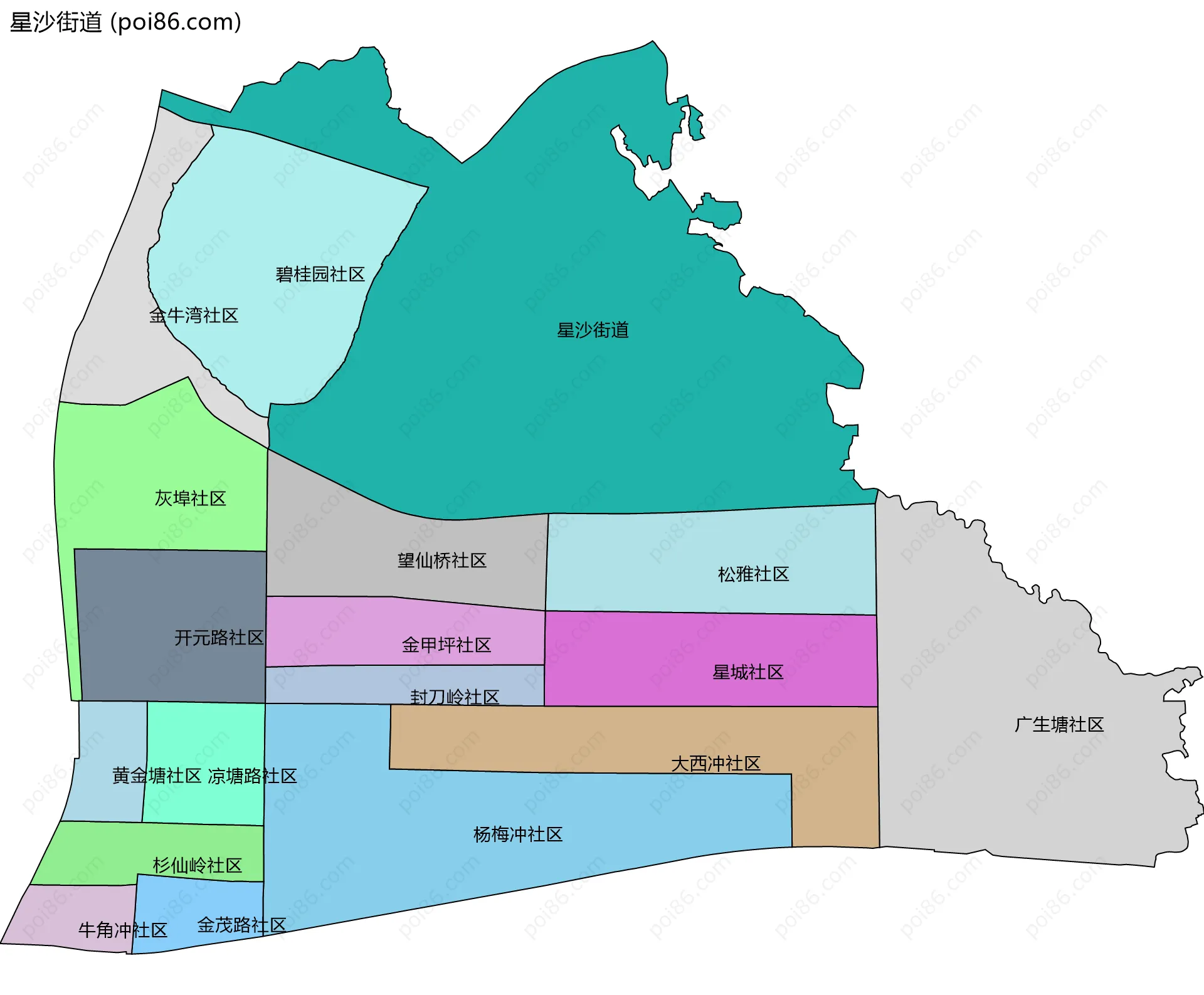星沙街道边界地图(五级行政区划)