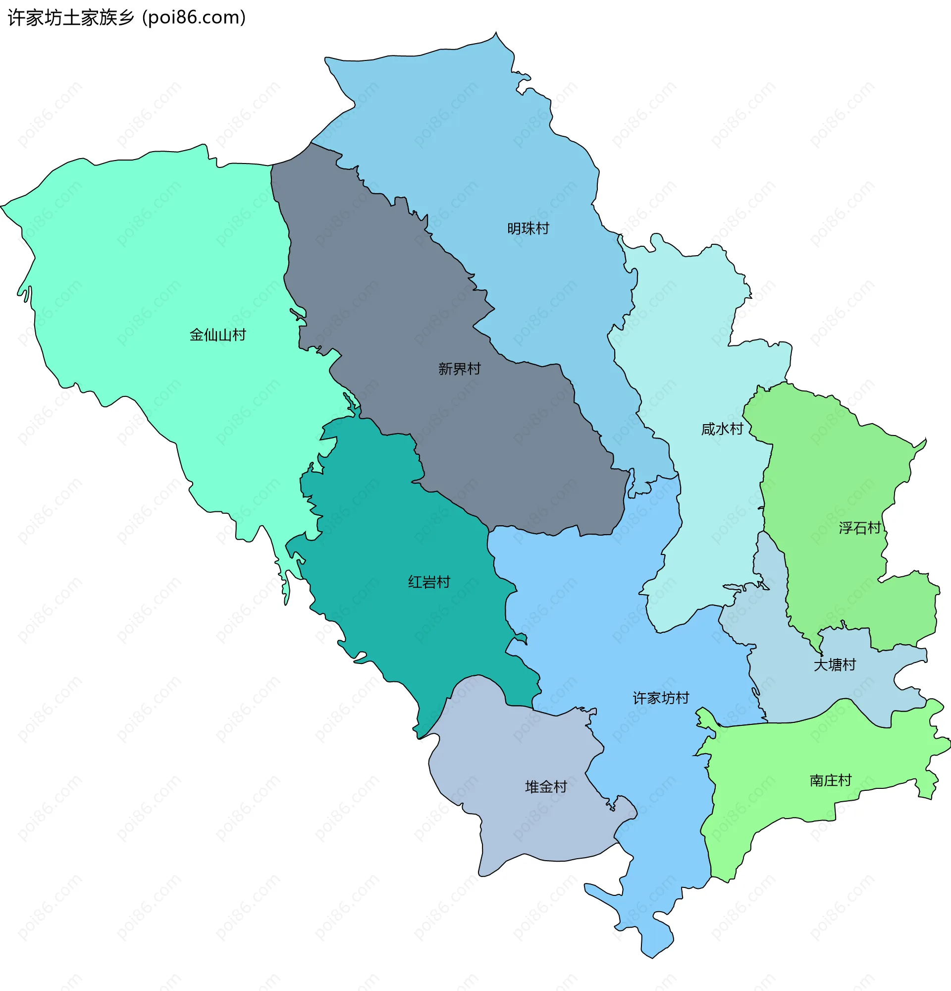 许家坊土家族乡边界地图(五级行政区划)