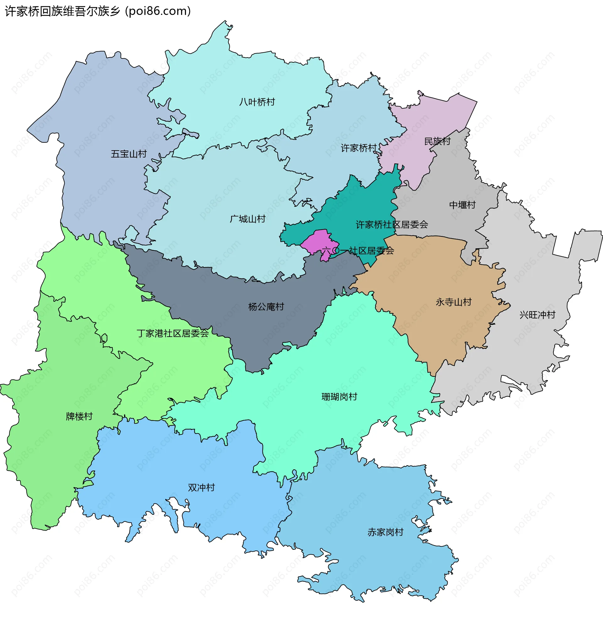 许家桥回族维吾尔族乡边界地图(五级行政区划)