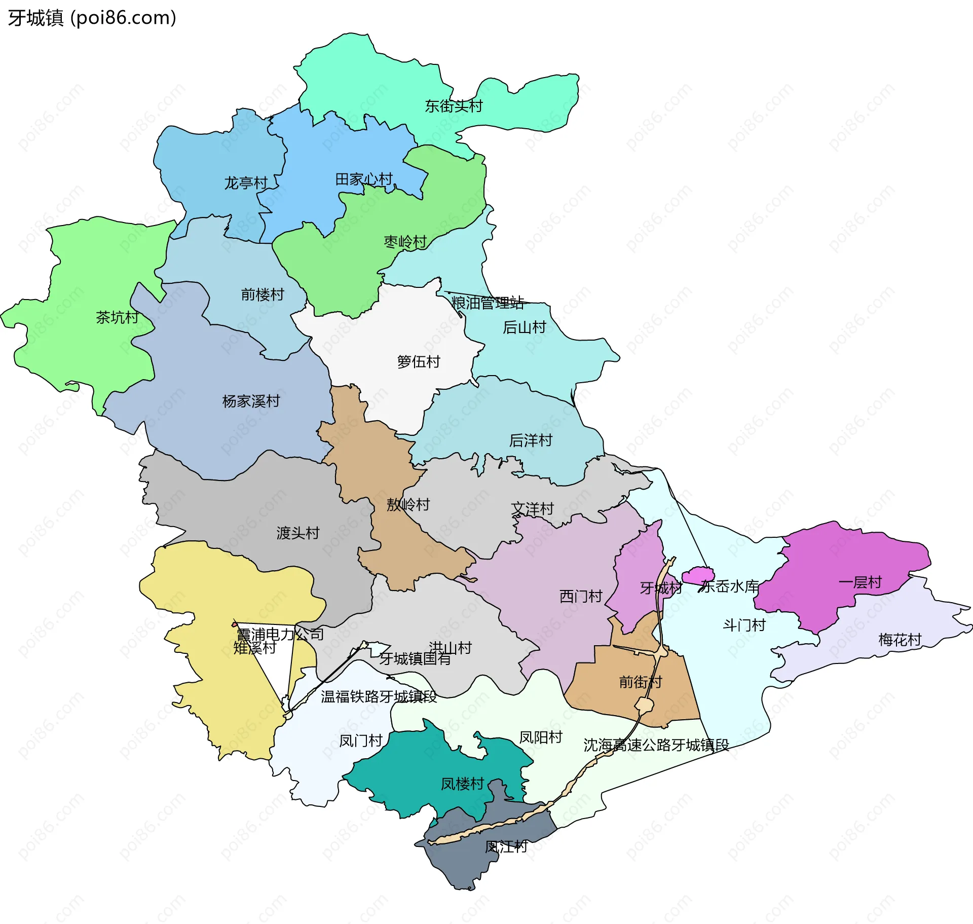 牙城镇边界地图(五级行政区划)