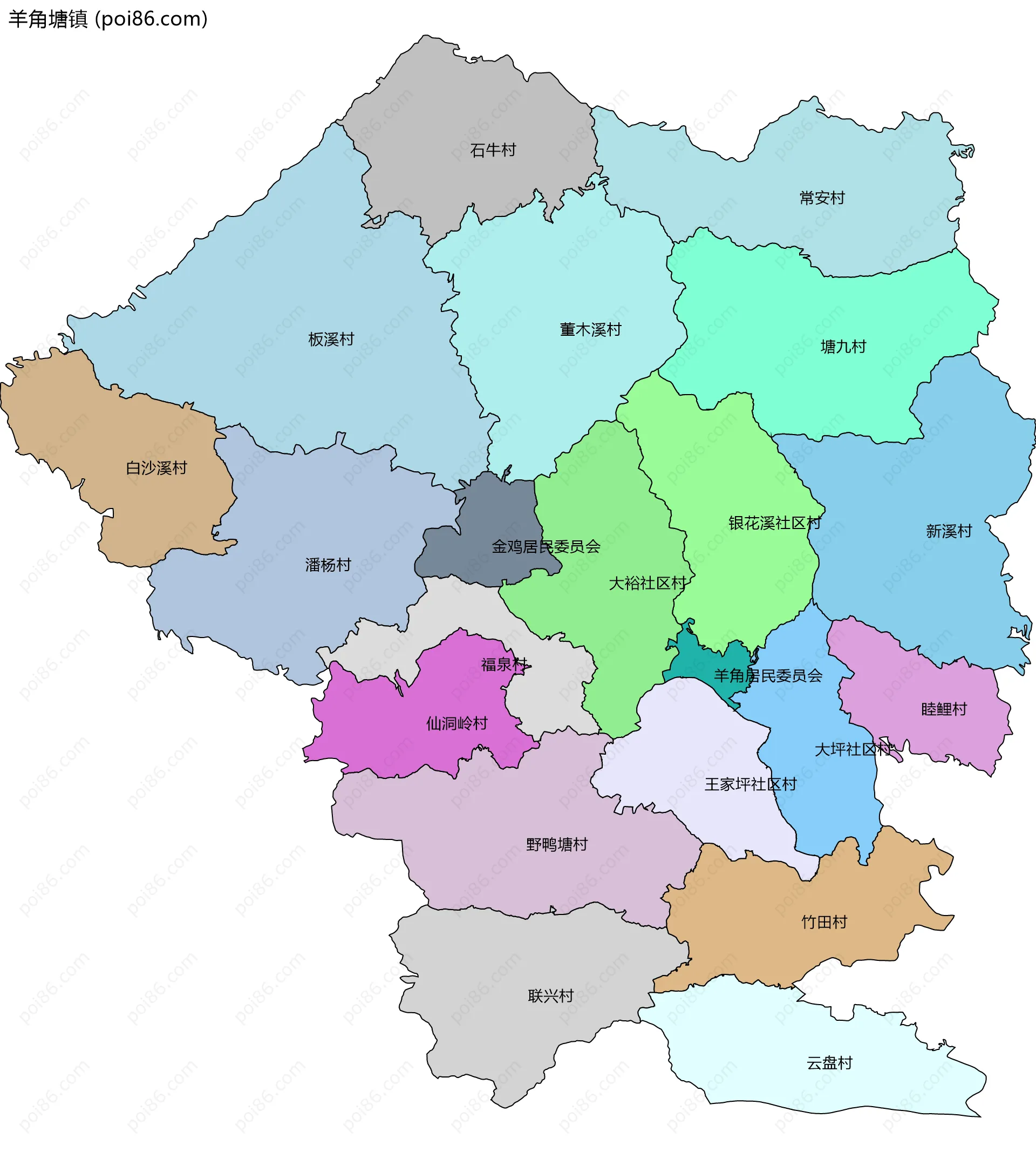 羊角塘镇边界地图(五级行政区划)