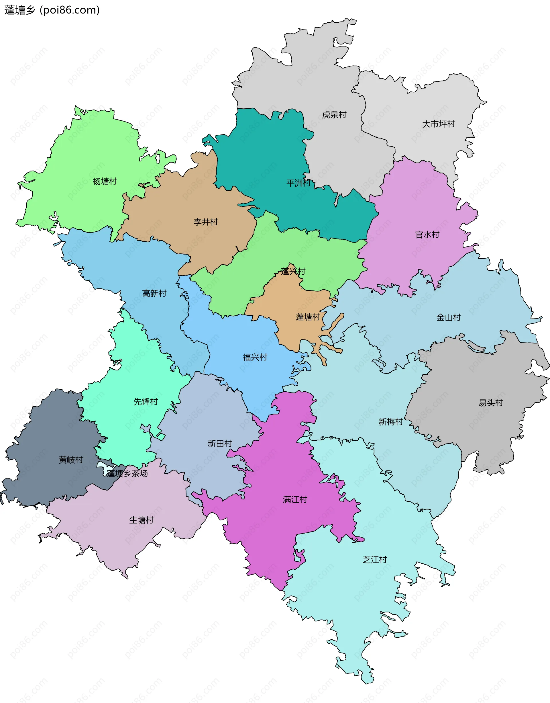 蓬塘乡边界地图(五级行政区划)