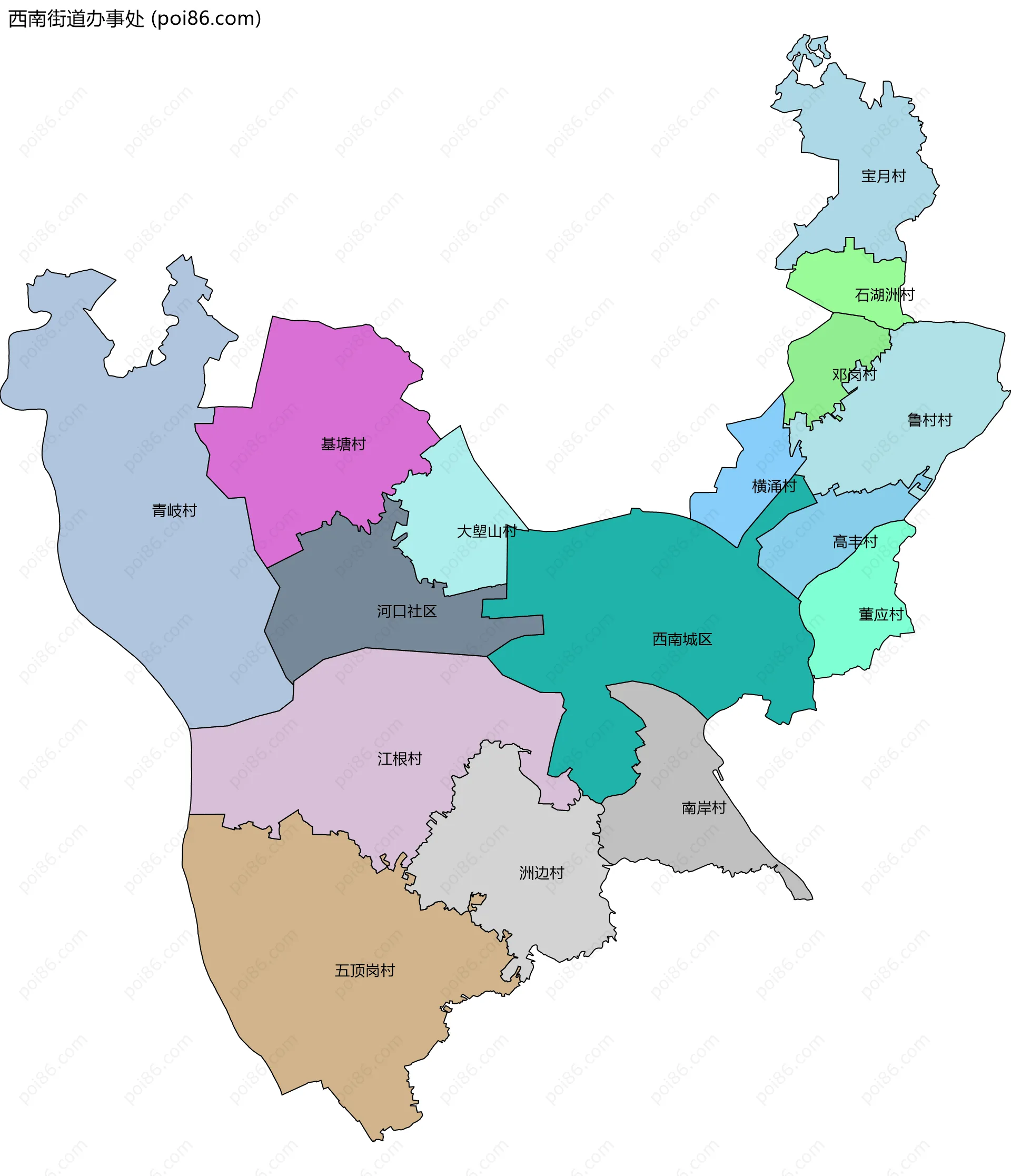 西南街道办事处边界地图(五级行政区划)