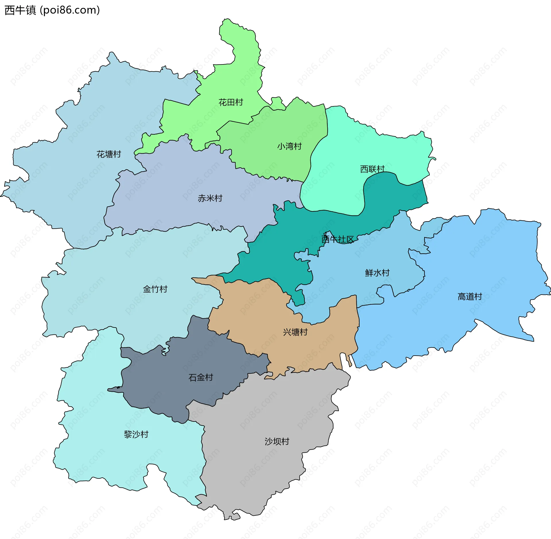 西牛镇边界地图(五级行政区划)