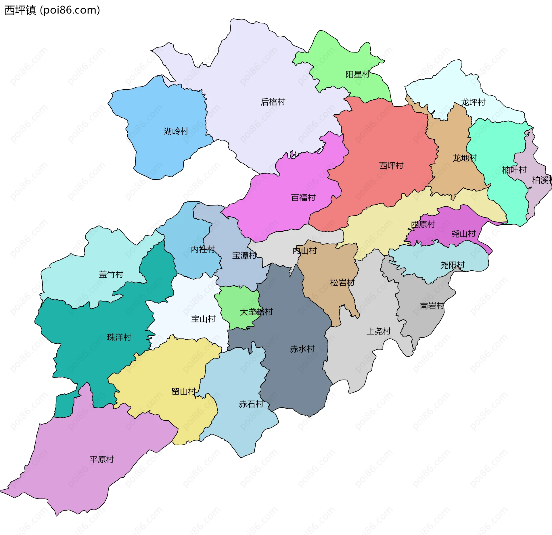 西坪镇边界地图(五级行政区划)