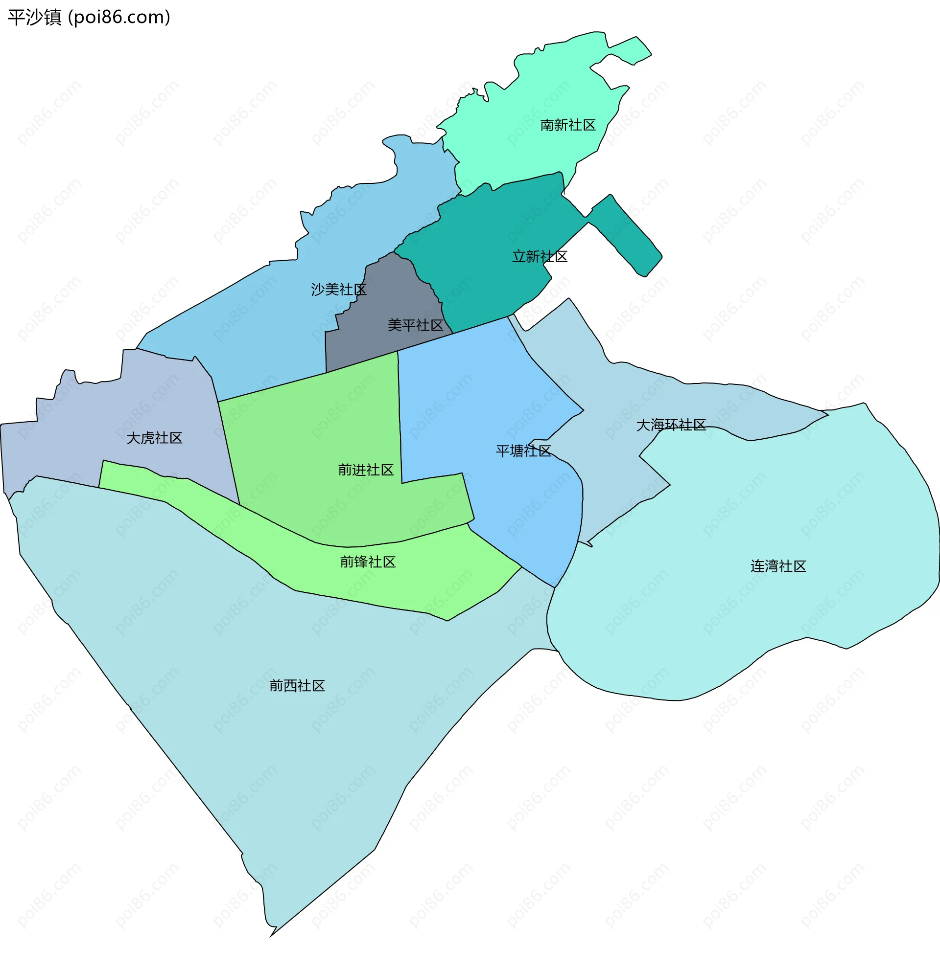 平沙镇边界地图(五级行政区划)