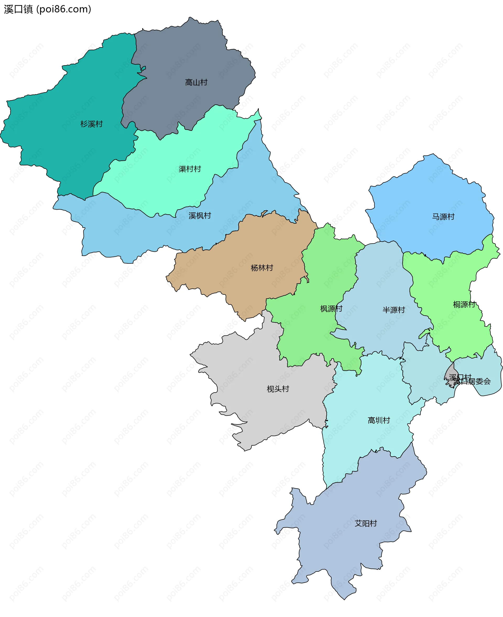 溪口镇边界地图(五级行政区划)
