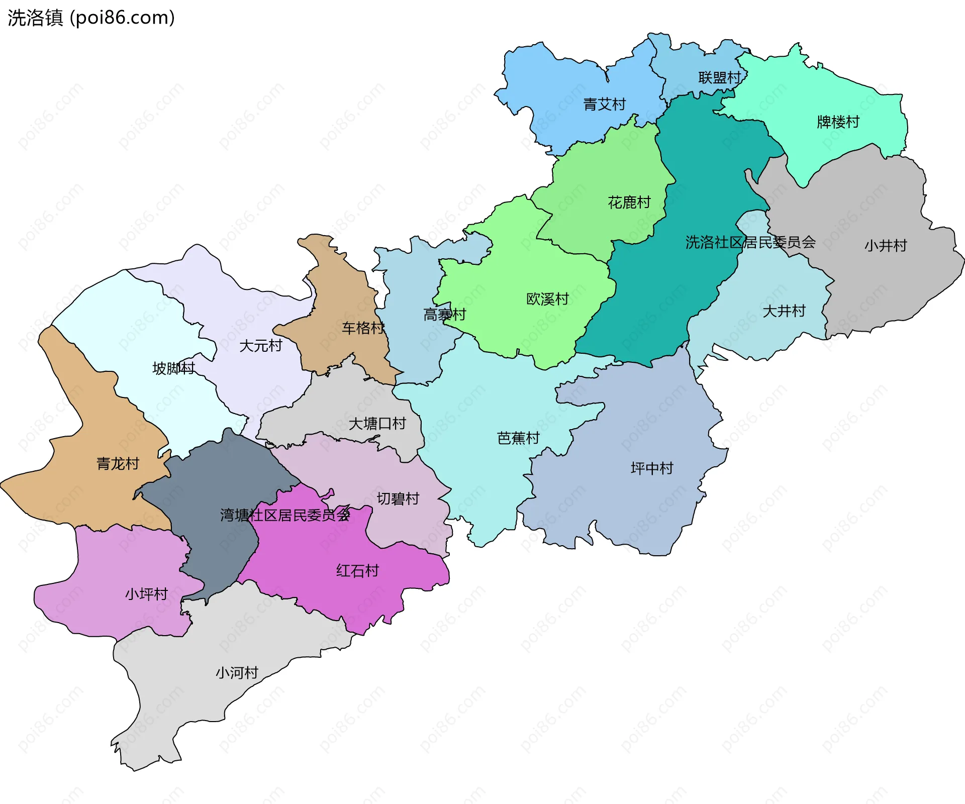 洗洛镇边界地图(五级行政区划)