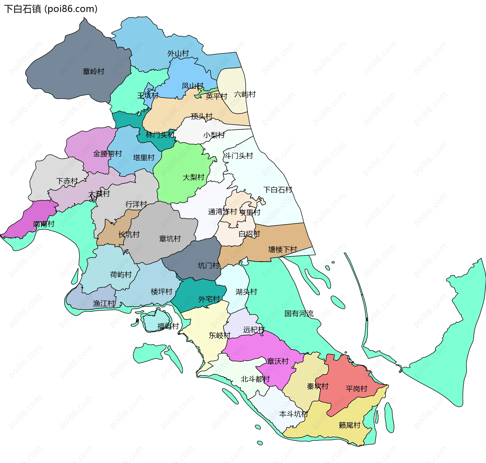 下白石镇边界地图(五级行政区划)
