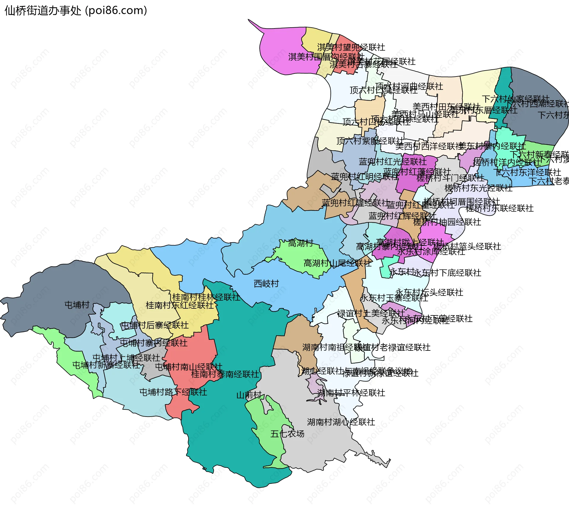 仙桥街道办事处边界地图(五级行政区划)