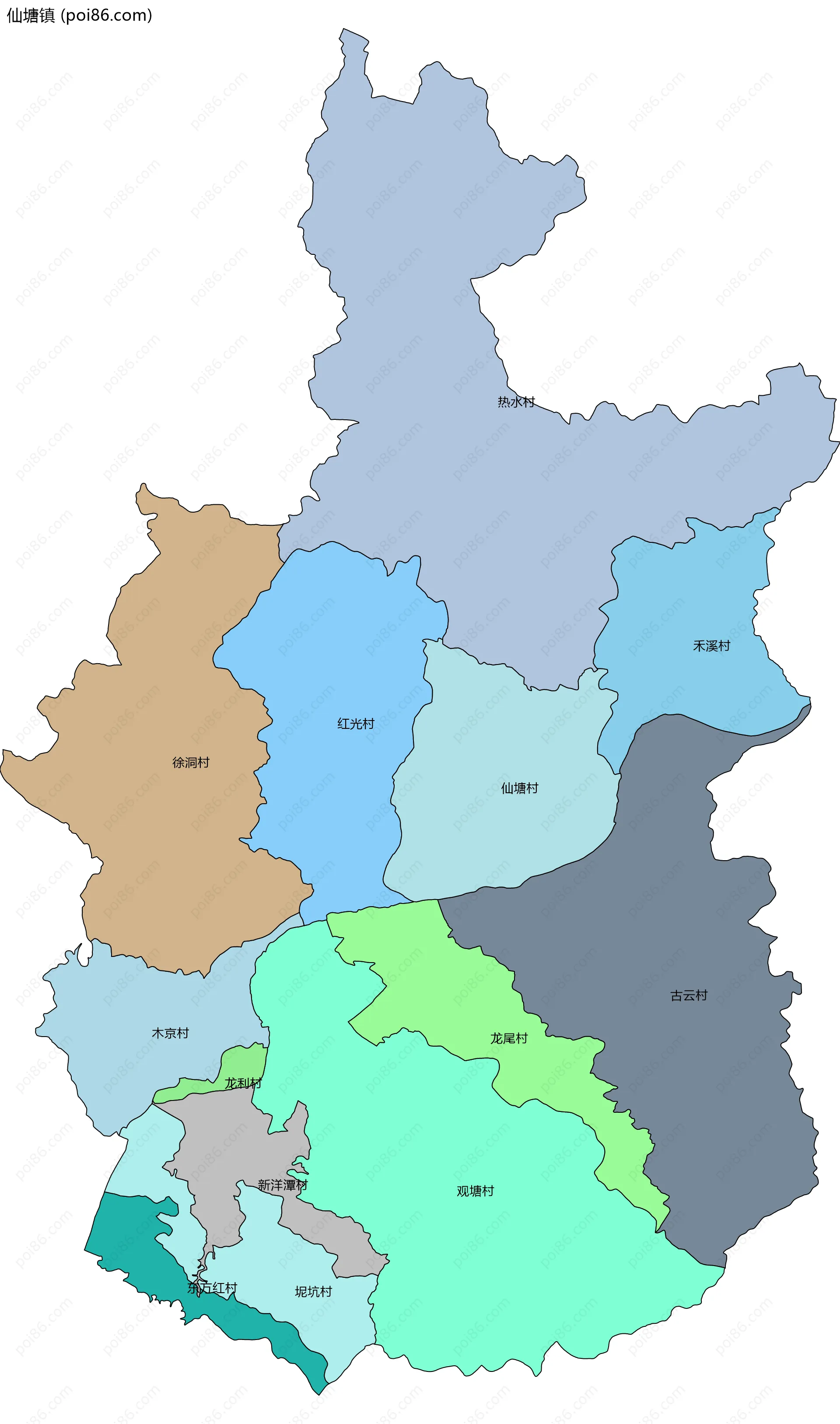 仙塘镇边界地图(五级行政区划)