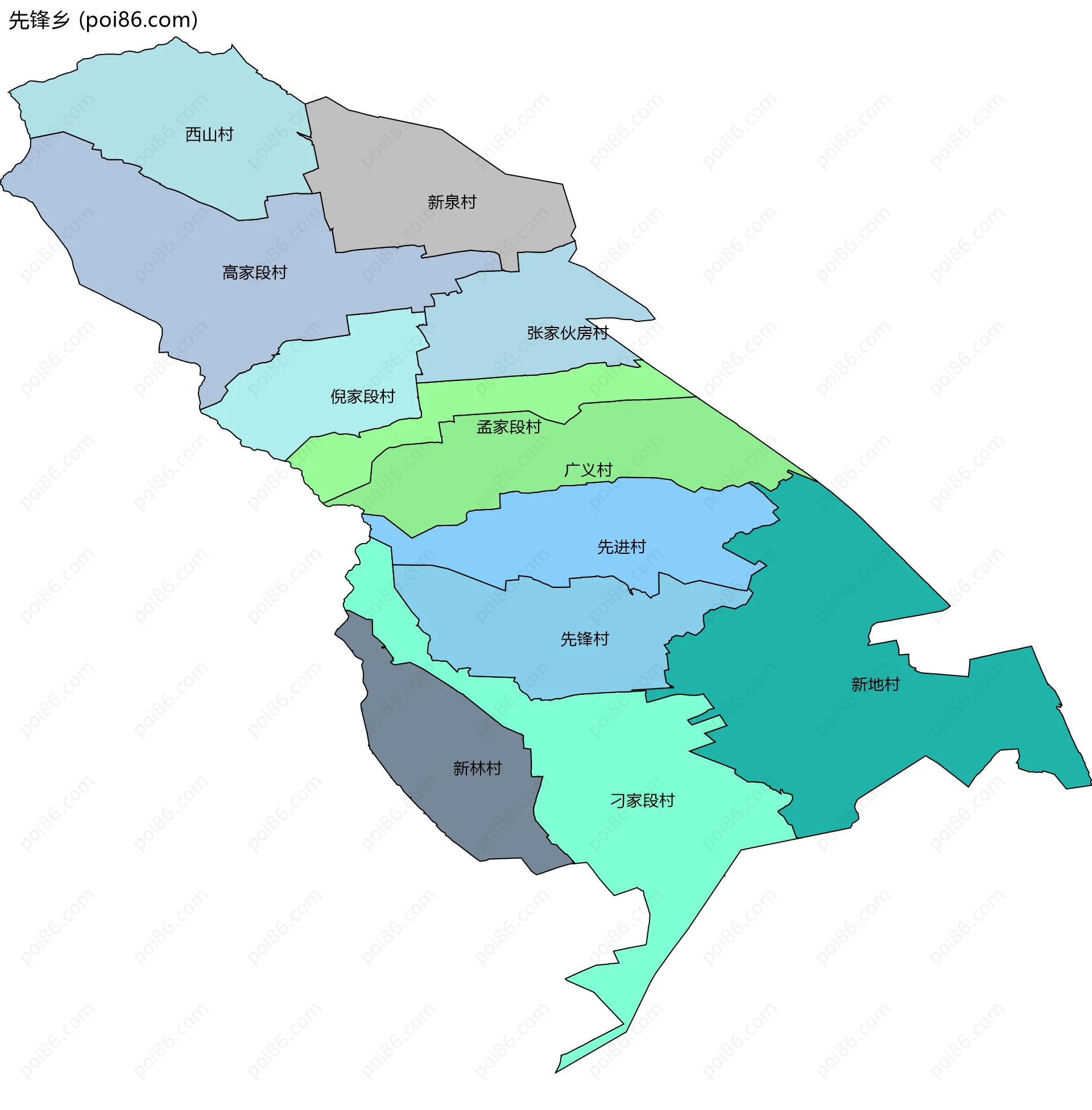 先锋乡边界地图(五级行政区划)